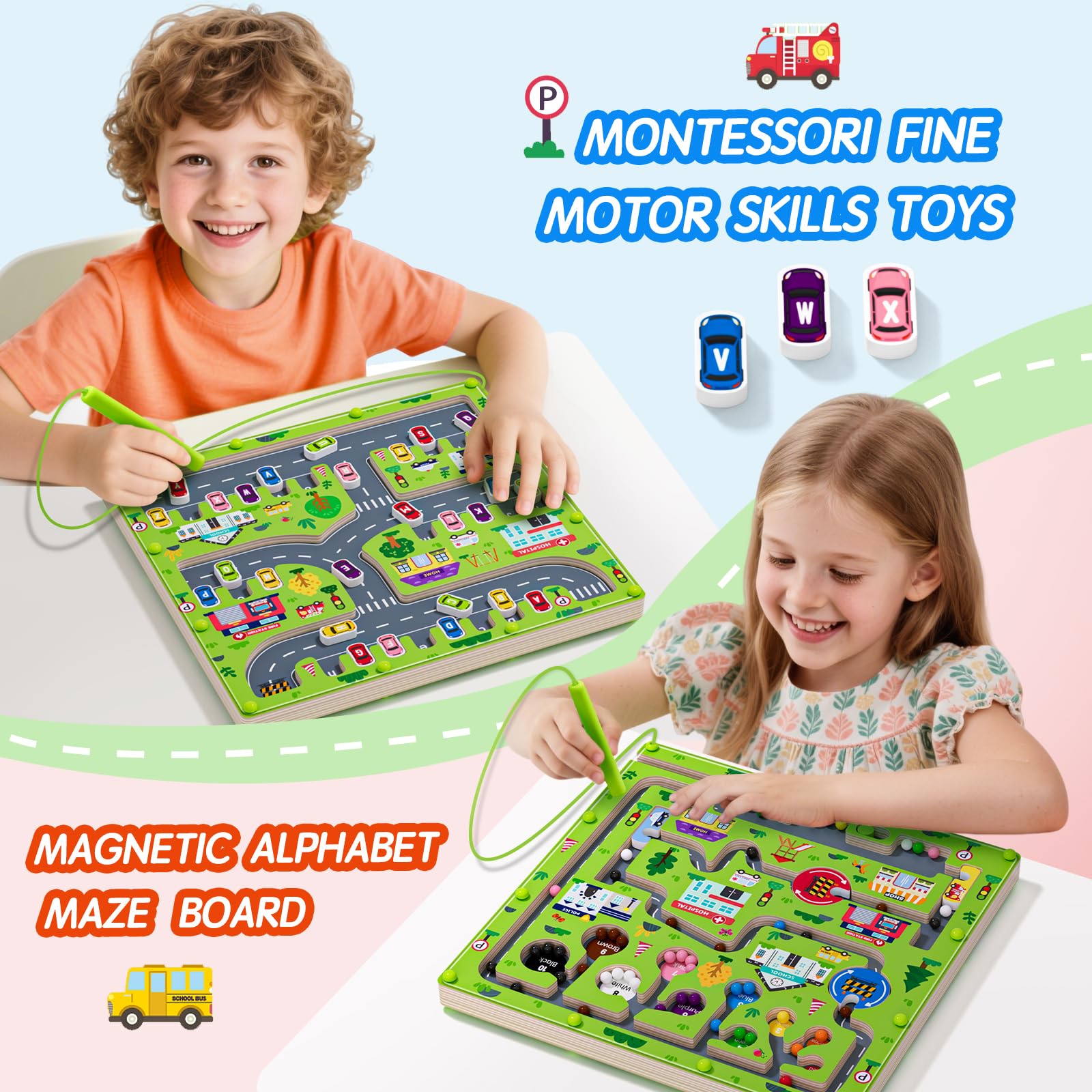 Laberinto magnético 2 en 1 para coche – Tabla de conteo magnético alfabeto – Puzzle de madera de doble cara – Juguete preescolar Montessori (gran coche, talla única)