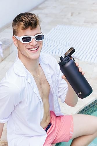 Miniatura 93 de Ello Cooper - Botella de agua de acero inoxidable de 22 onzas con 2 tapas, una de chupito y otra con popote | A prueba de fugas, doble pared y