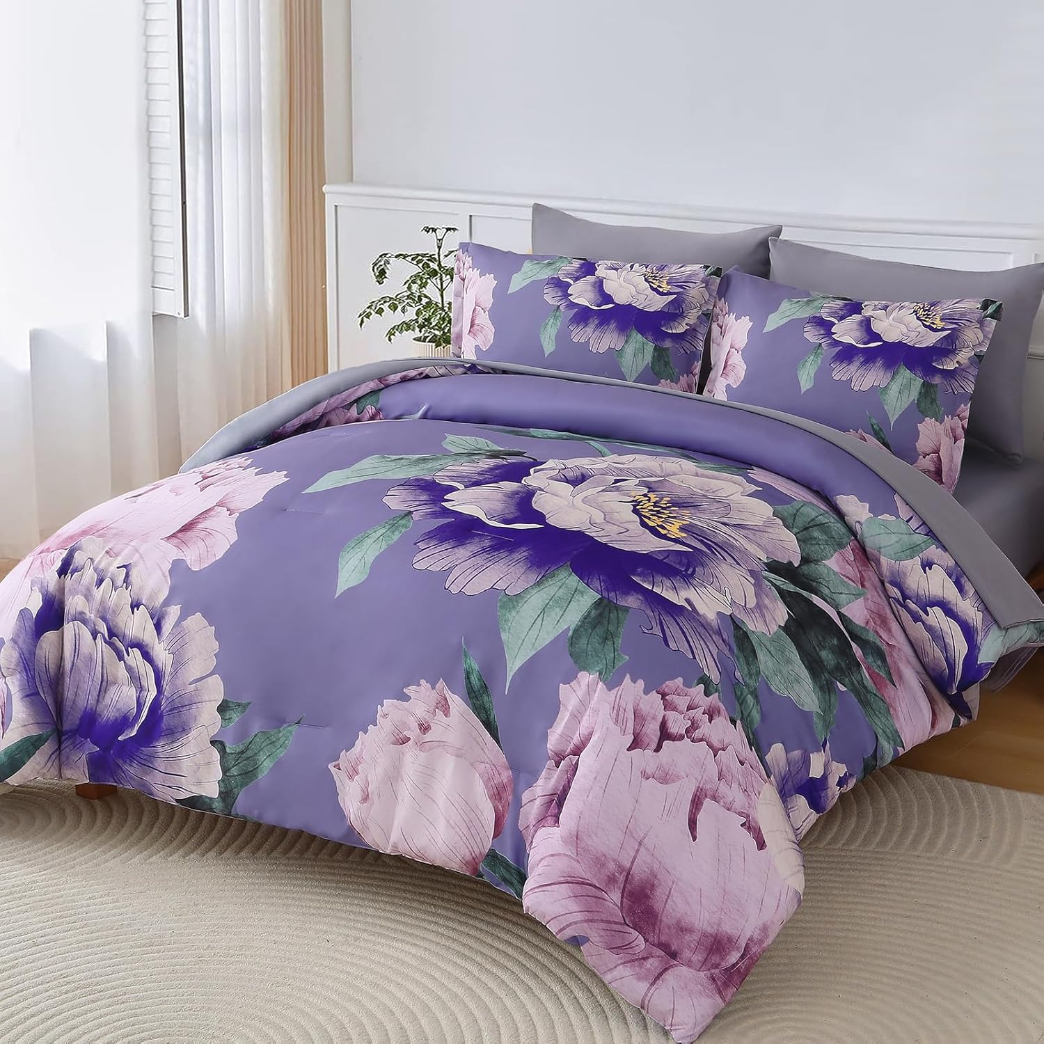 Dobuyly Floral Comforter Set Queen 7 Piece Bed in a Bag, Purple Pink Flower Comforter Set with Sheets, Soft Microfiber Botanical Flower Bedding Set for All Season - Image 2