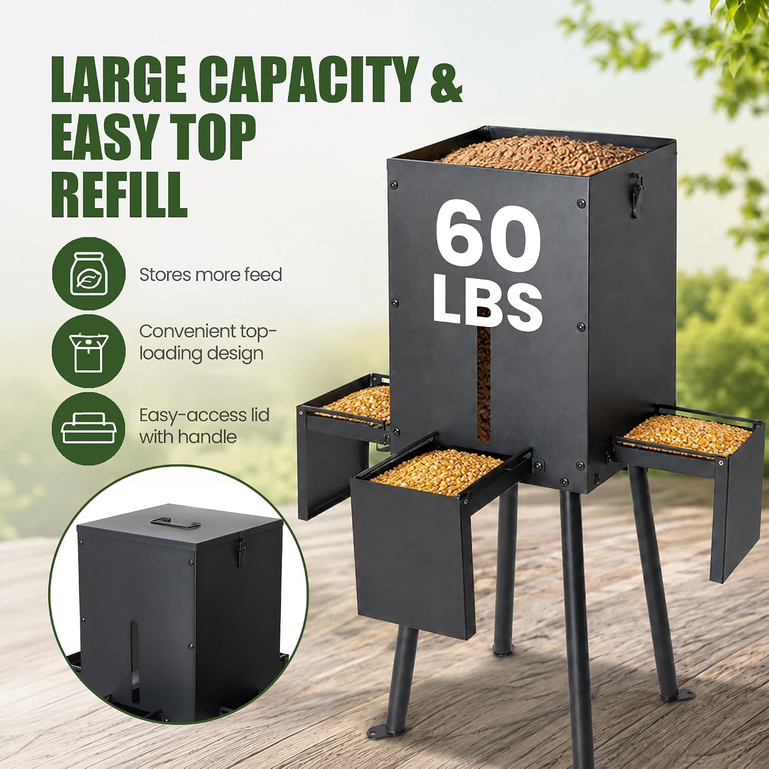 Gravity Deer Feeder with 4 Feeding Trays, Heavy - Duty Fodder Dispenser | Heavy Duty Weatherproof with viewing window and 4-Leg Stand