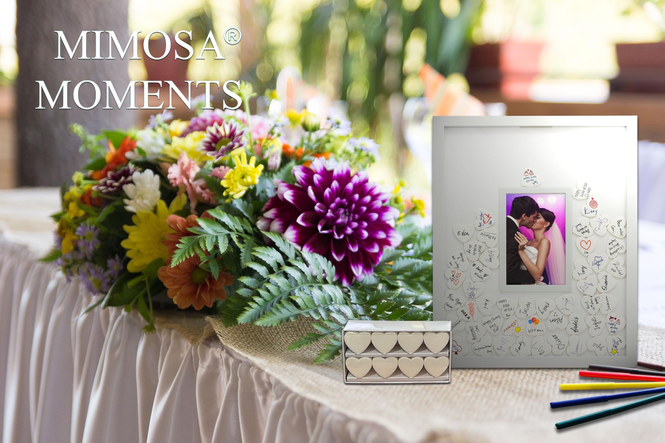 Marco de fotos con autógrafo, libro de invitados alternativo de boda, libro de invitados para baby shower (blanco con 80 corazones)