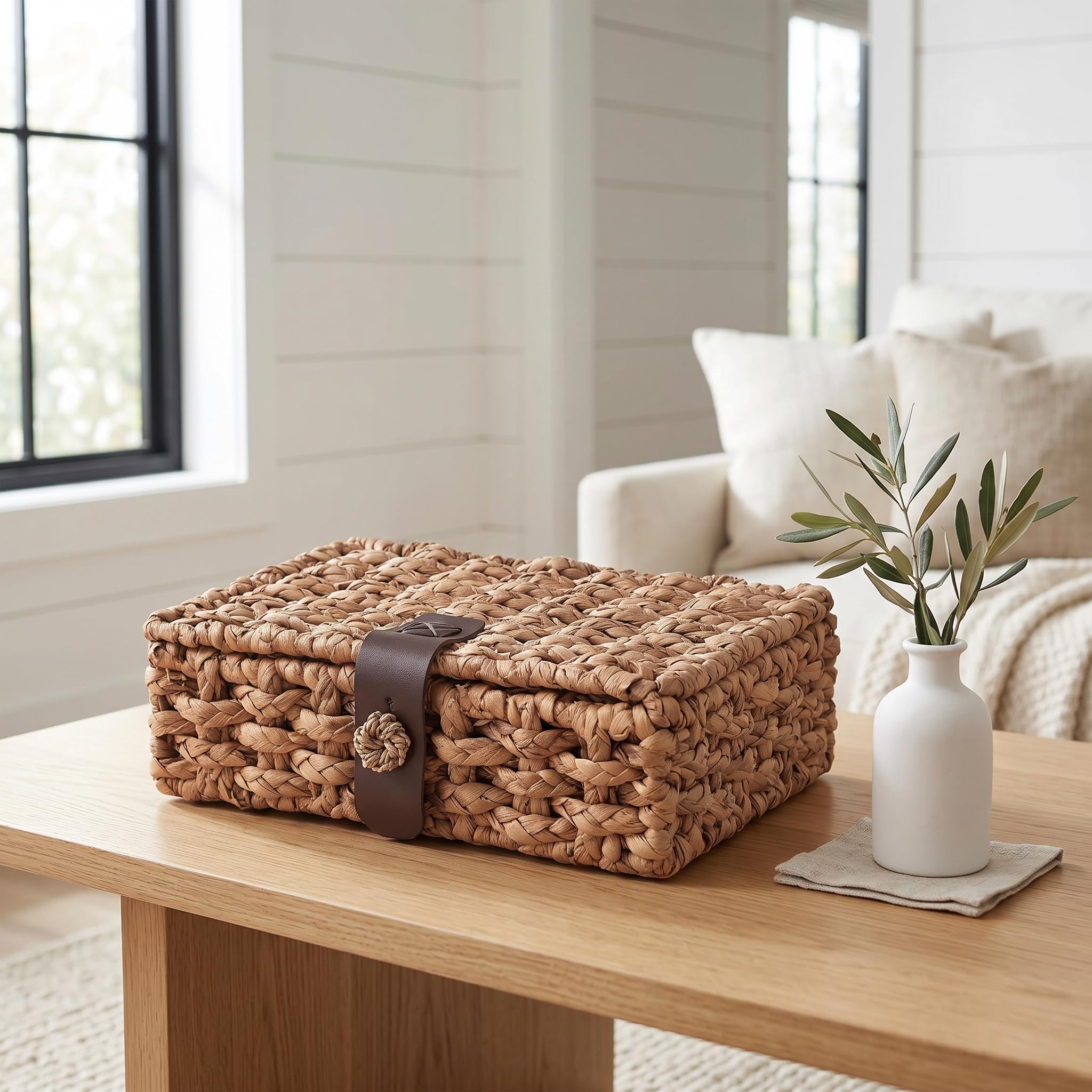 Cesto in Vimini con Coperchio, Cesta in Vimini Intrecciata in Giacinto d'Acqua per Scaffale, Tavolino da Caffè, Tavolo a Console, Arredamento Casa (Grande)