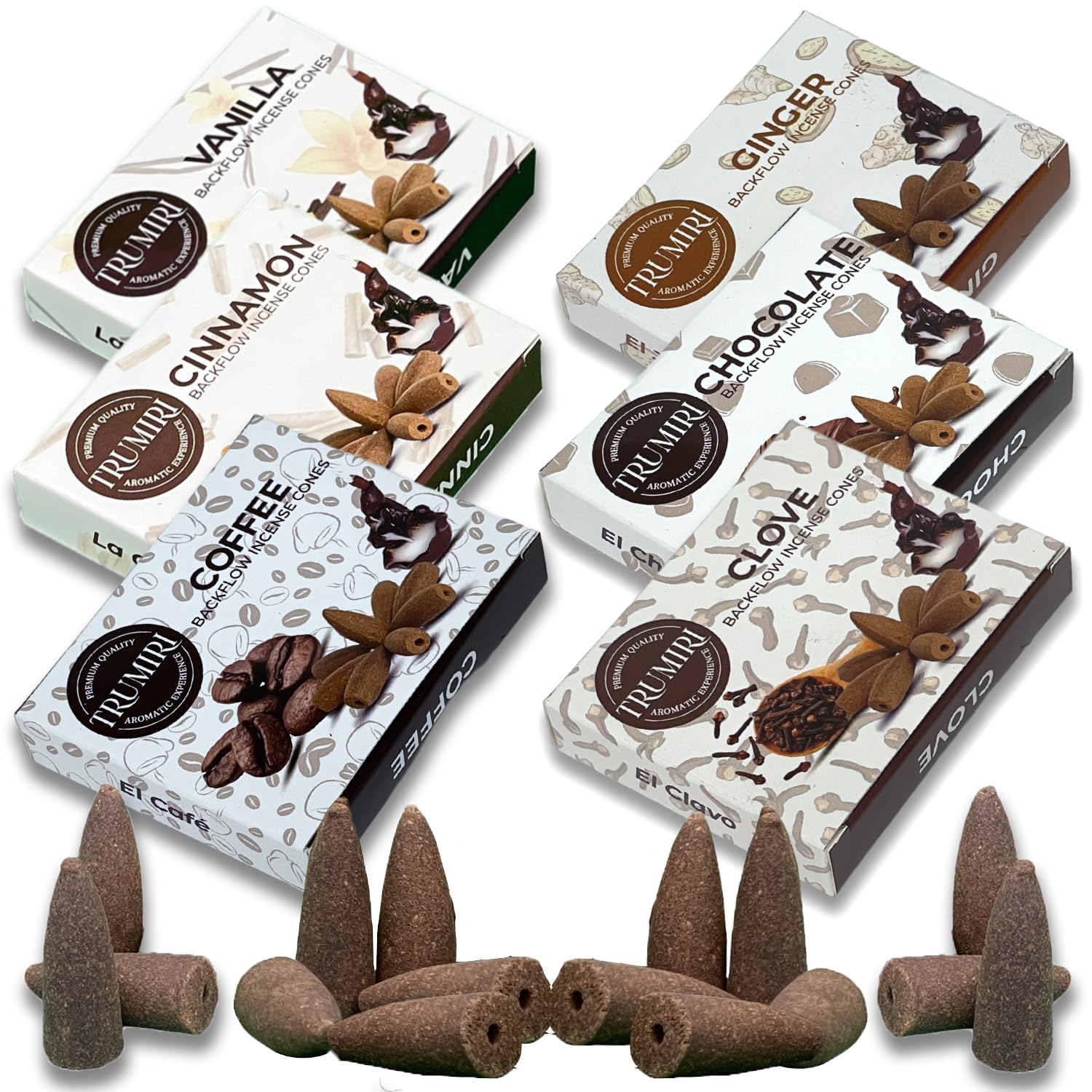 Trumiri Gourmet Rückfluss-Räucherkegel – Sortimentspackung – insgesamt 60 Räucherkegel Wasserfall (6 Düfte x 10 Conos) – Vanille, Zimt, Kaffee, Schokolade, Nelke, Ingwer – Räucherkegel