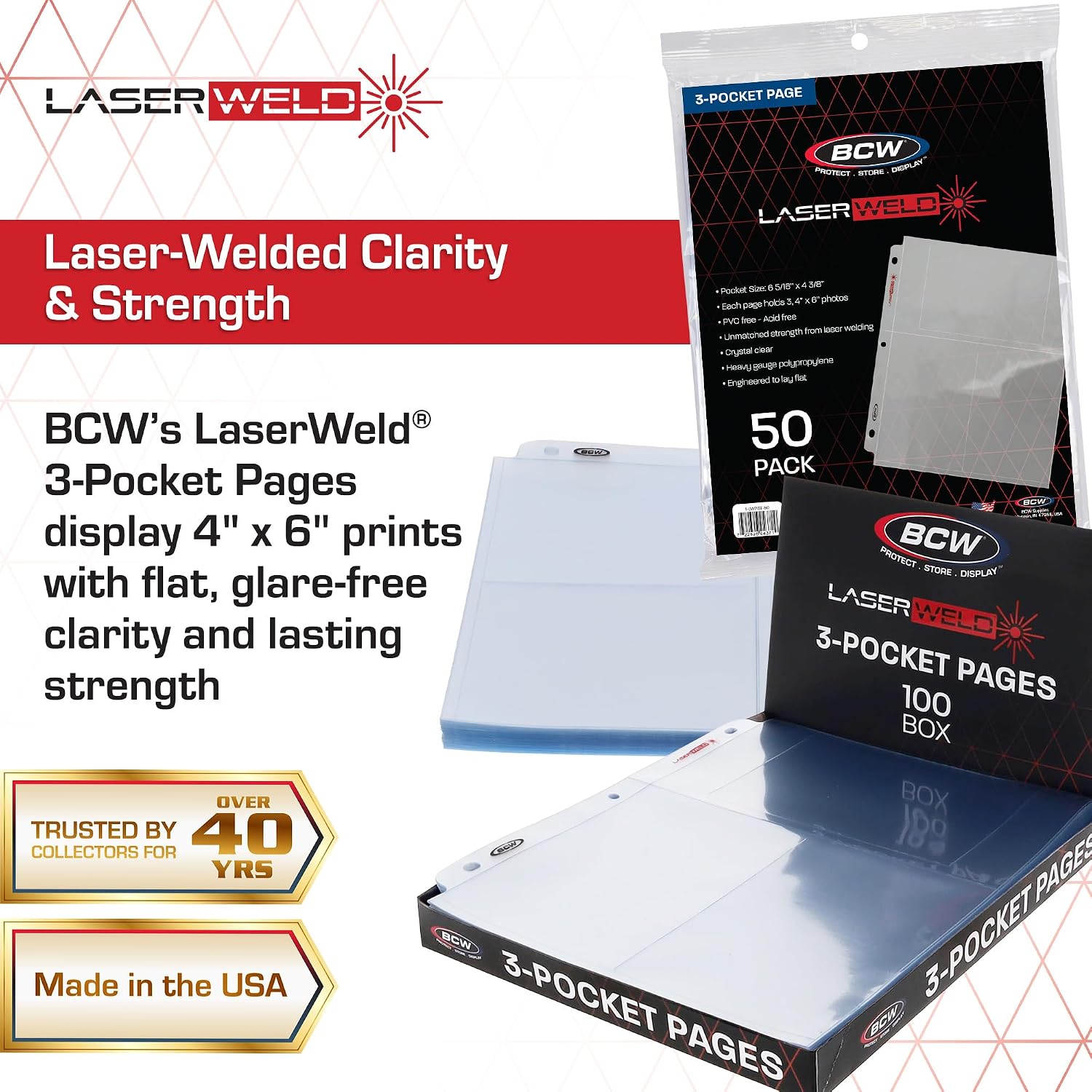 BCW Laserweld 3-Pocket 4x6 Photo Sleeves for 3 Ring Binder | Archival Photo Album Refill Pages | 100 Count