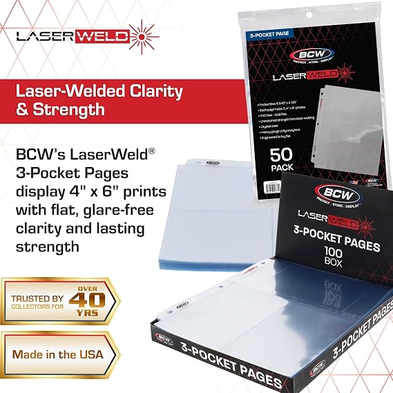 BCW Laserweld 3-Pocket 4x6 Photo Sleeves for 3 Ring Binder | Archival Photo Album Refill Pages | 100 Count