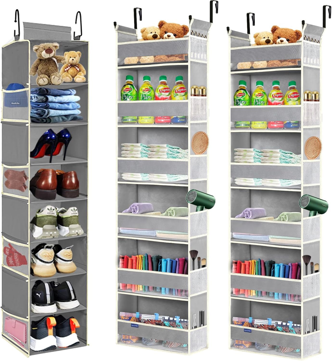 Hanging Shoe Organizer 8-Shelves Grey + Over The Door Hanging Organizer 6-Shelves 2 Pack Grey