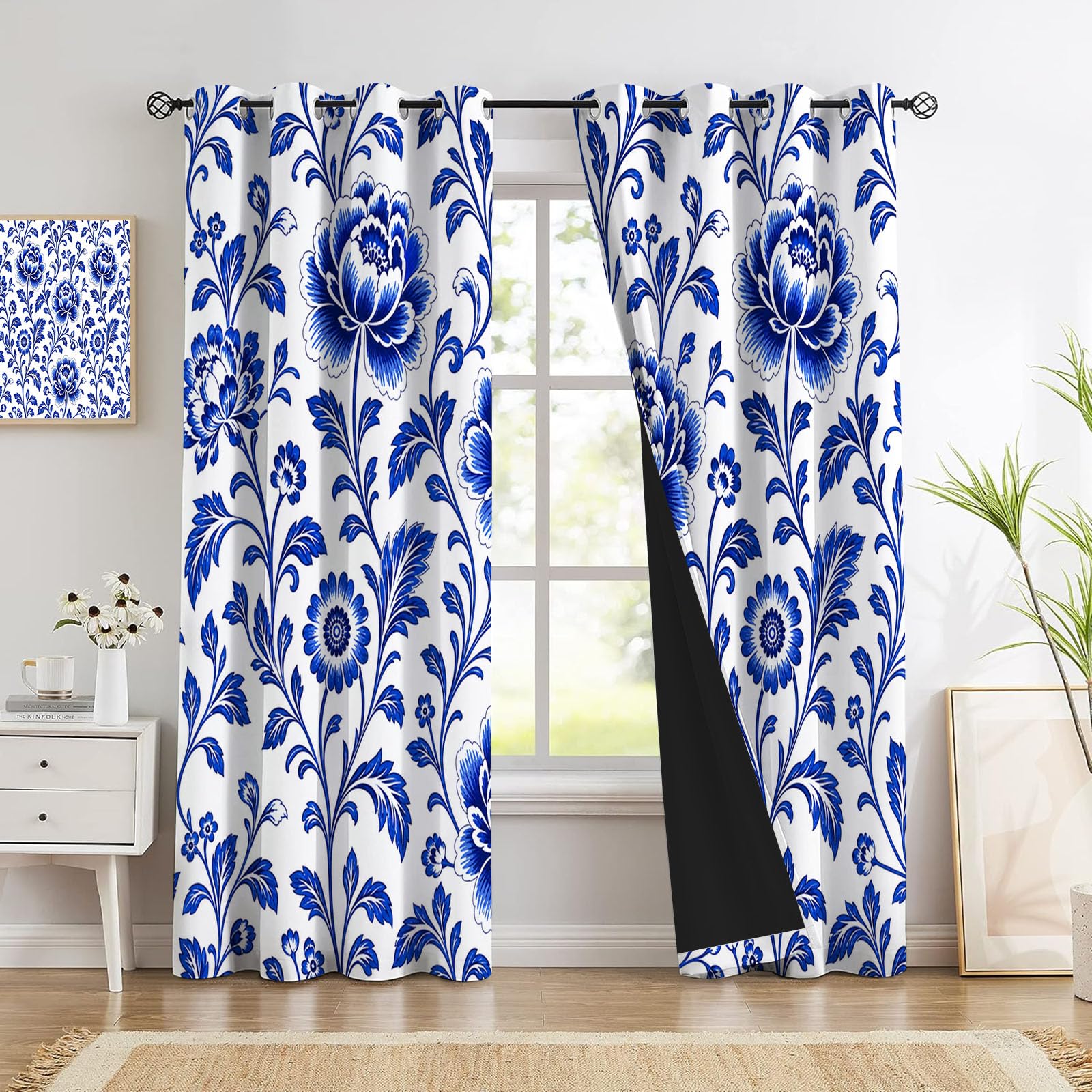 Blau-Weiße Porzellanpfingstrose Verdunkelungsvorhänge mit Ösen im Retro-Blumenmuster | Blickdichte Vorhänge für Schlafzimmer, Wohnzimmer und Kinderzimmer,H200cmxB140cm(2er Pack)