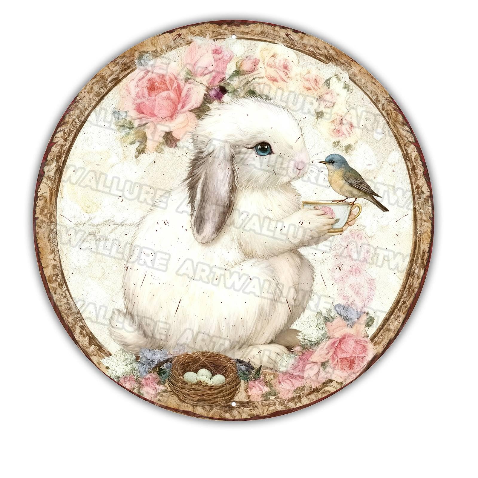 Bunny Wreath Metal Sign Round Easter Design Farmhouse Welcome Decor Rustic Spring Wall Art For Front Door Entryway 12x12Inch