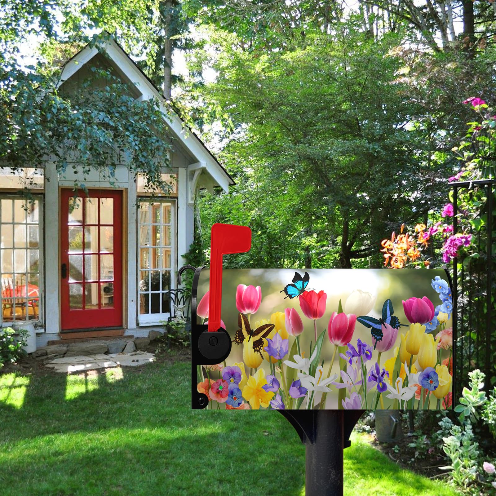 Housse De Boîte Aux Lettres De Bienvenue Pour Le Printemps Et L'été, 53,3 X 45,7 Cm, Fleurs Roses, Feuilles, Carreaux Noirs Et Blancs, Grande Boîte Aux Lettres – Décoration De Jardin, Cour