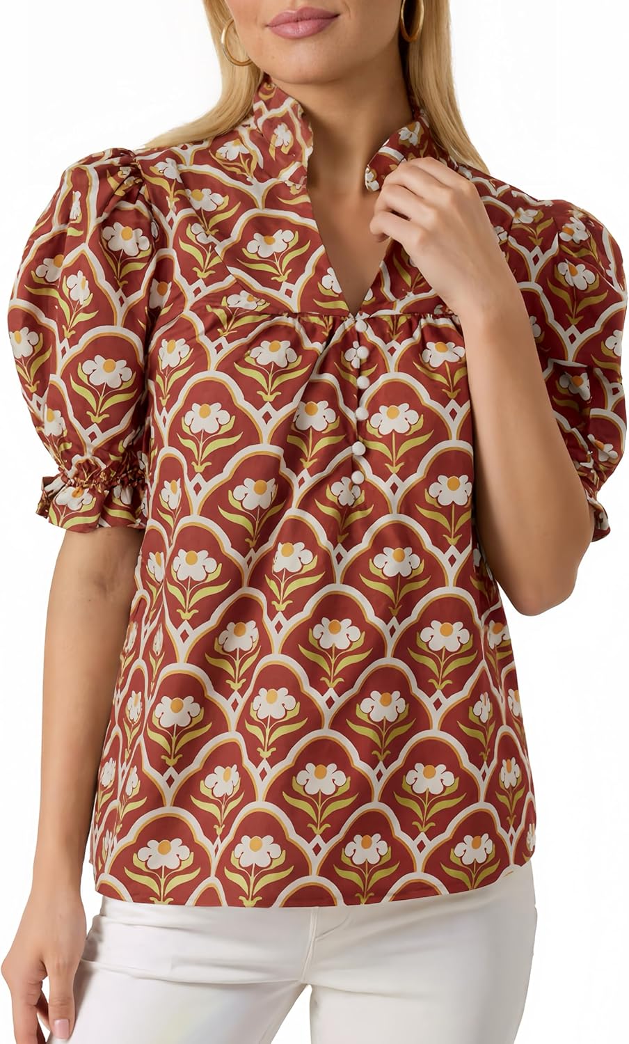 Womens Puff Short Sleeve Floral Shirt Ruffle V Neck Button Front Blouse Pleated Top - Image 5