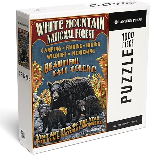 Lantern Press White Mountains, New Hampshire, Black Bear Vintage Sign 1000 Piece Jigsaw Puzzle for Adults, Made in USA with Reference Poster