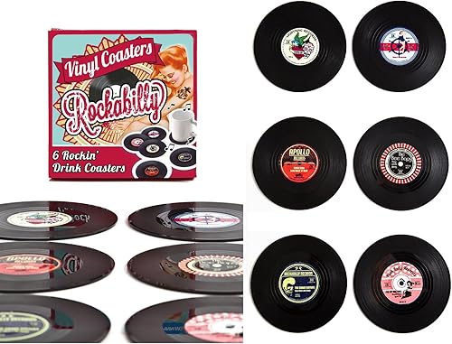 Miniatura 5 de Juego de 6 posavasos de disco de vinilo retro, juego de 6 con divertido perfecto para amantes de la música clásica, arte, coche, bar, té, mesa de
