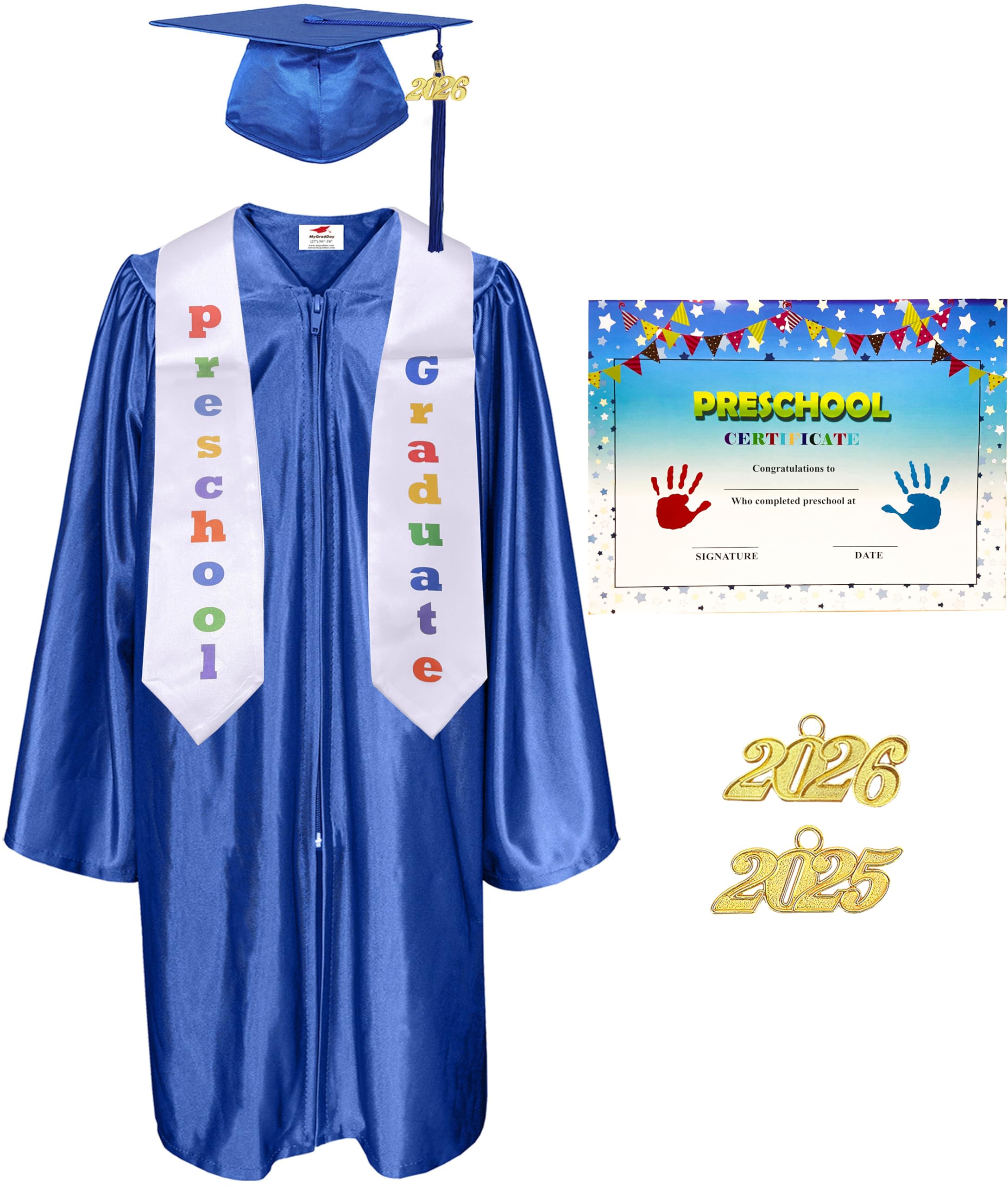 MyGradDay Shiny Kindergarten & Preschool Graduation Gown Cap Tassel 2026 Charm