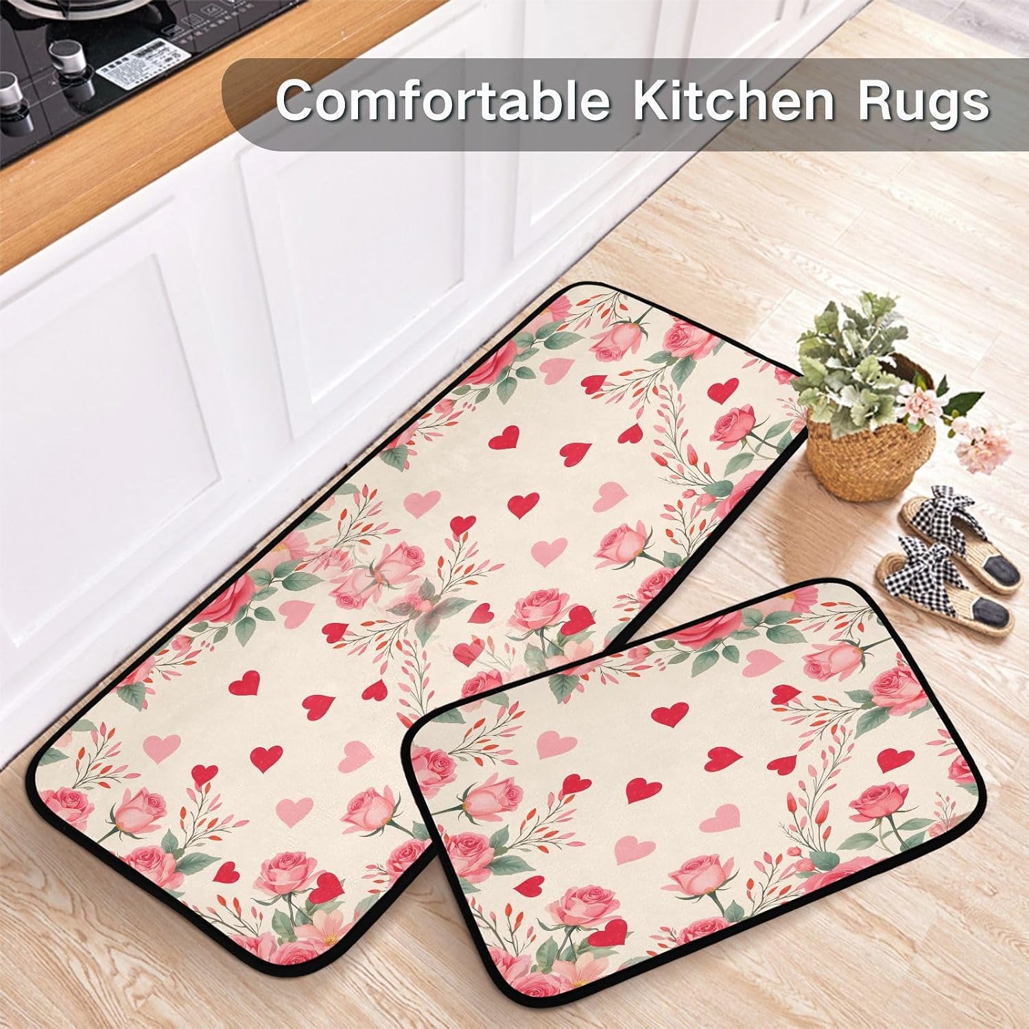 Kitchen Mat Set of 2, Love Hearts Valentine's Day Pink Rose Anti-Fatigue Cushioned Mats for Floor, Non Slip Comfort Standing Mat, Kitchen Rug for Sink, 19.7"x27.6"+19.7"x47.2"