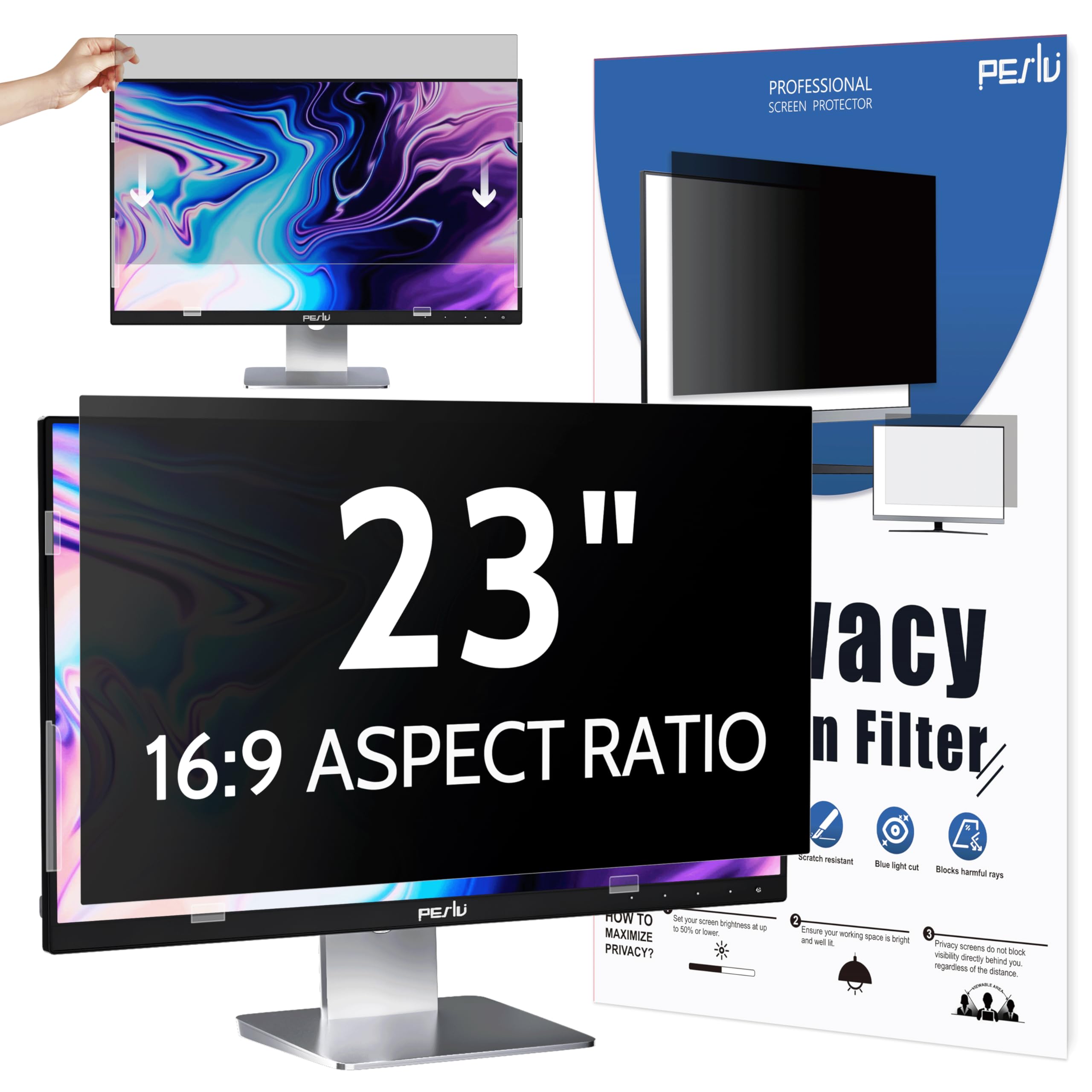 peslv computer privacy screen 23 inch for 16:9 widescreen monitor, removable 23inch anti blue light anti glare monitor privacy filter shield