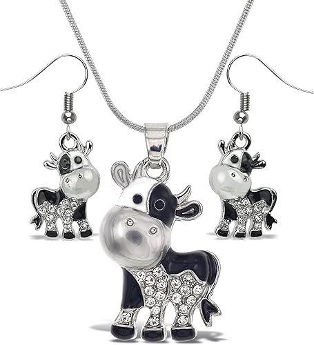 Aqua79 Juego de pendientes y collar de plata de vaca brillante - Juego de collar y aretes con dijes brillantes chapados en color plateado - Elegante
