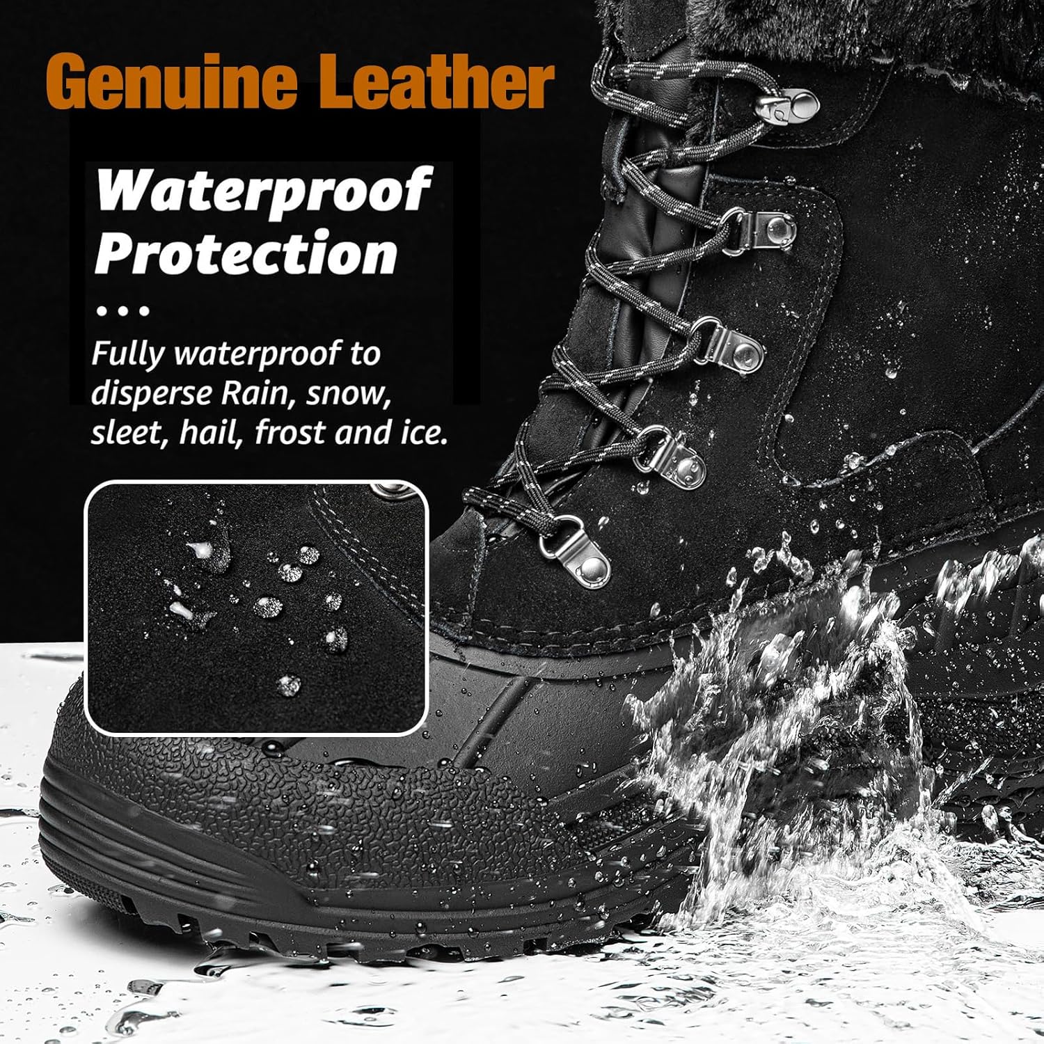 Kelway Men’s Winter Boots, Insulated Waterproof Leather & Suede Snow Boots with Anti-Slip Rubber Sole, Cold Weather Outdoor Hiking Shoes - Image 2