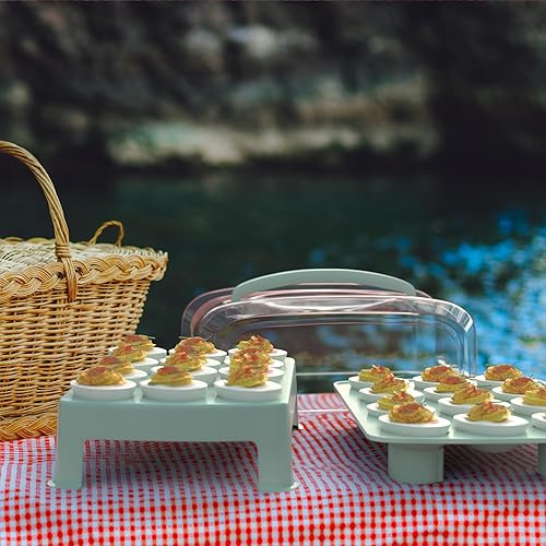 Miniatura 6 de Portador de huevos Deviled, soporte para huevos de moda que lleva 24 huevos Deviled de tamaño estándar, soporte duradero de dos niveles y caja de
