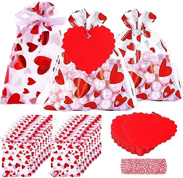 Valentines Day Heart Organza Bags with Drawstring, 50 PCS Valentine Treat Candy Bag Gift Jewelry Pouches with 50 PCS Heart Tags for Valentines Day Wedding Festival Party Supply,4 x 6 Inch