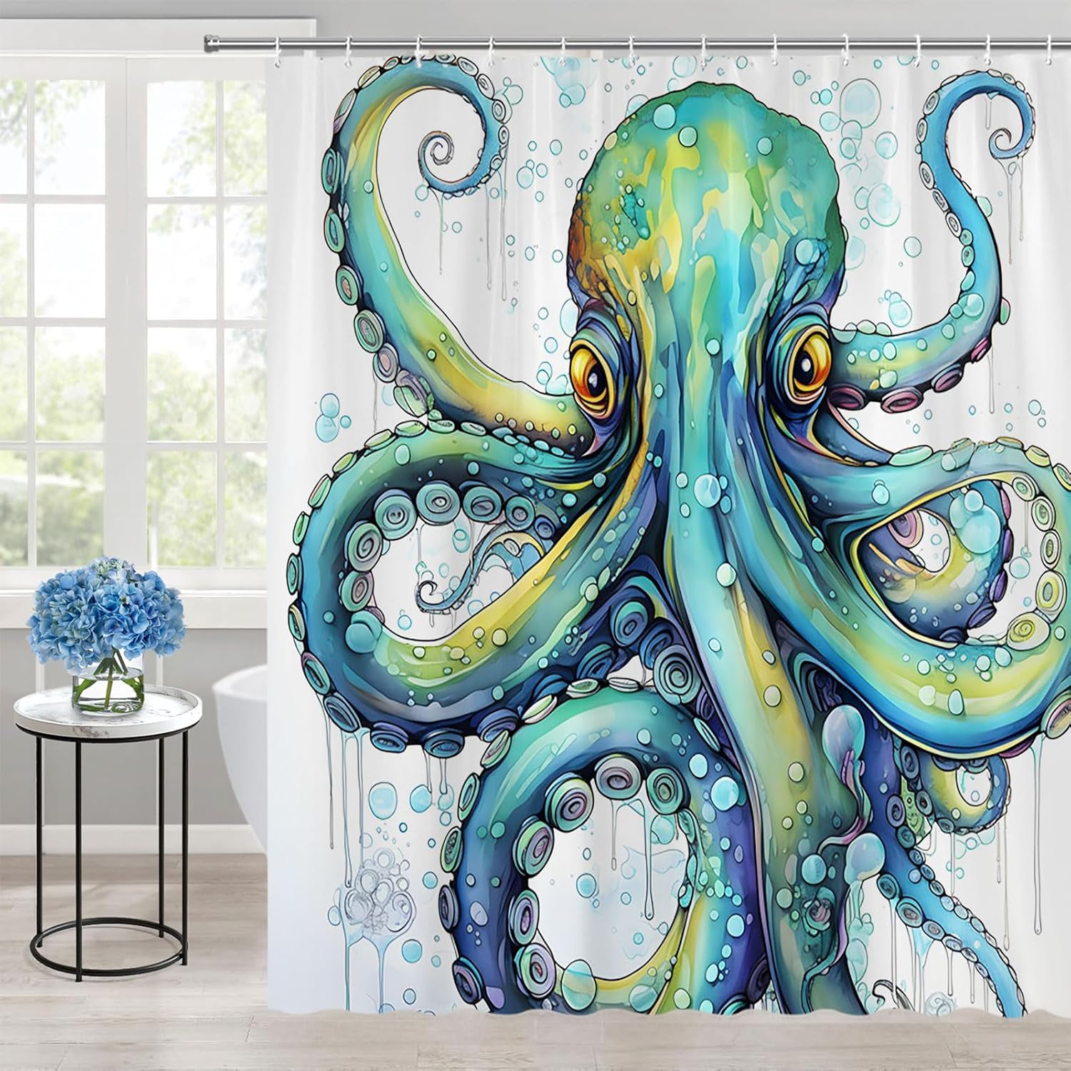 Octopus Shower Curtain Funny Blue Teal Sea Kraken Ocean Theme Nautical Marine Life Tentacle Animal Bathroom Polyester Curtains Set with Hooks 75x70 Inch