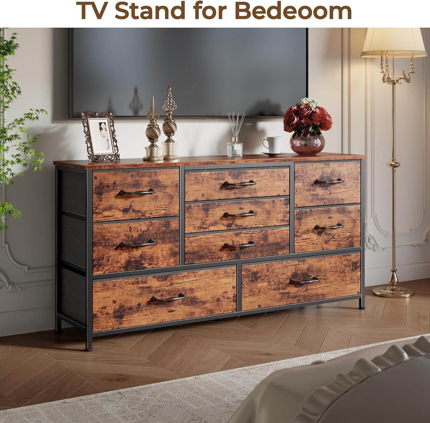 Furnulem 45” Long Dresser for Bedroom, TV Stand with Storage, 9 Drawer Fabric Dresser for Organization, Entertainment Center &Chest of Drawers for Bedroom, Living Room, Hallway, Wood Top, Rusitc Brown
