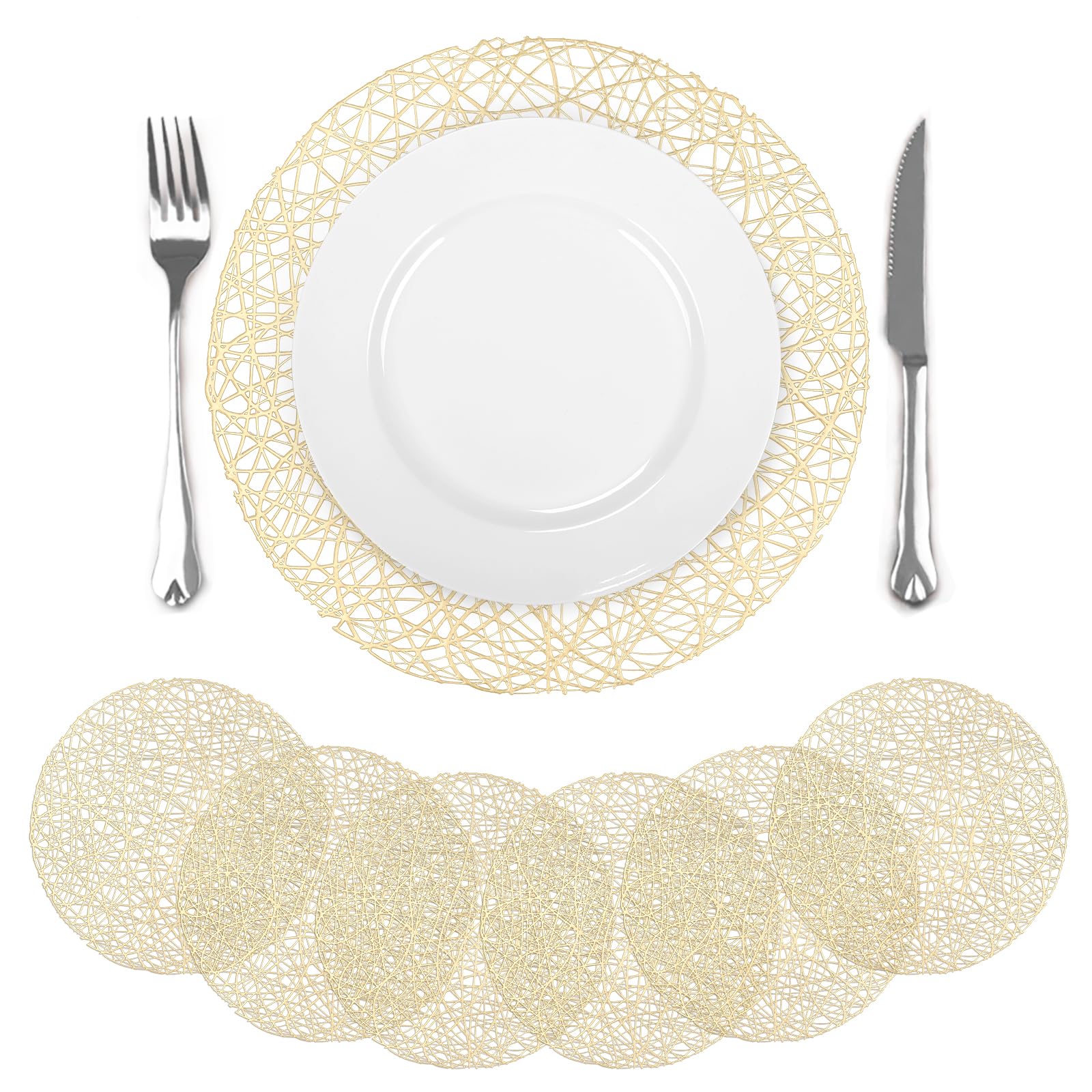 comfoyar Round Gold Line Placemats Set of 6, 38cm Washable Wipeable Vinyl Metallic Pressed Hollow out Place Mats, Waterproof Oil Proof Table Mats for Kitchen Dining Party Table Decoration