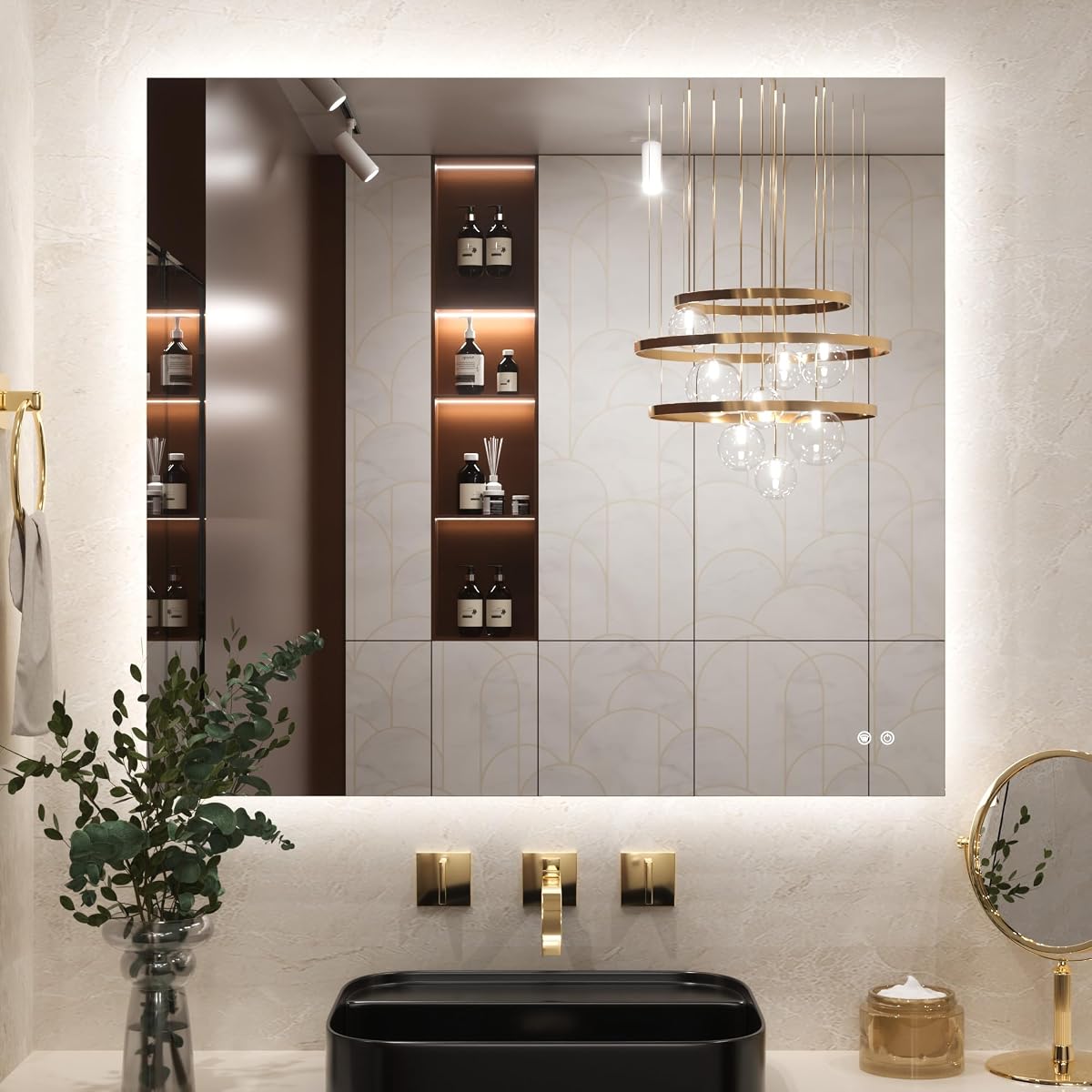 Keonjinn Badspiegel mit Beleuchtung Rechteckig 100x90cm, Badezimmerspiegel mit Beschlagfrei Touch Schalter Speicherfunktion 3 Lichtfarben Dimmbarer LED Bad Spiegel Ohne Rahmen Badezimmer Wandspiegel