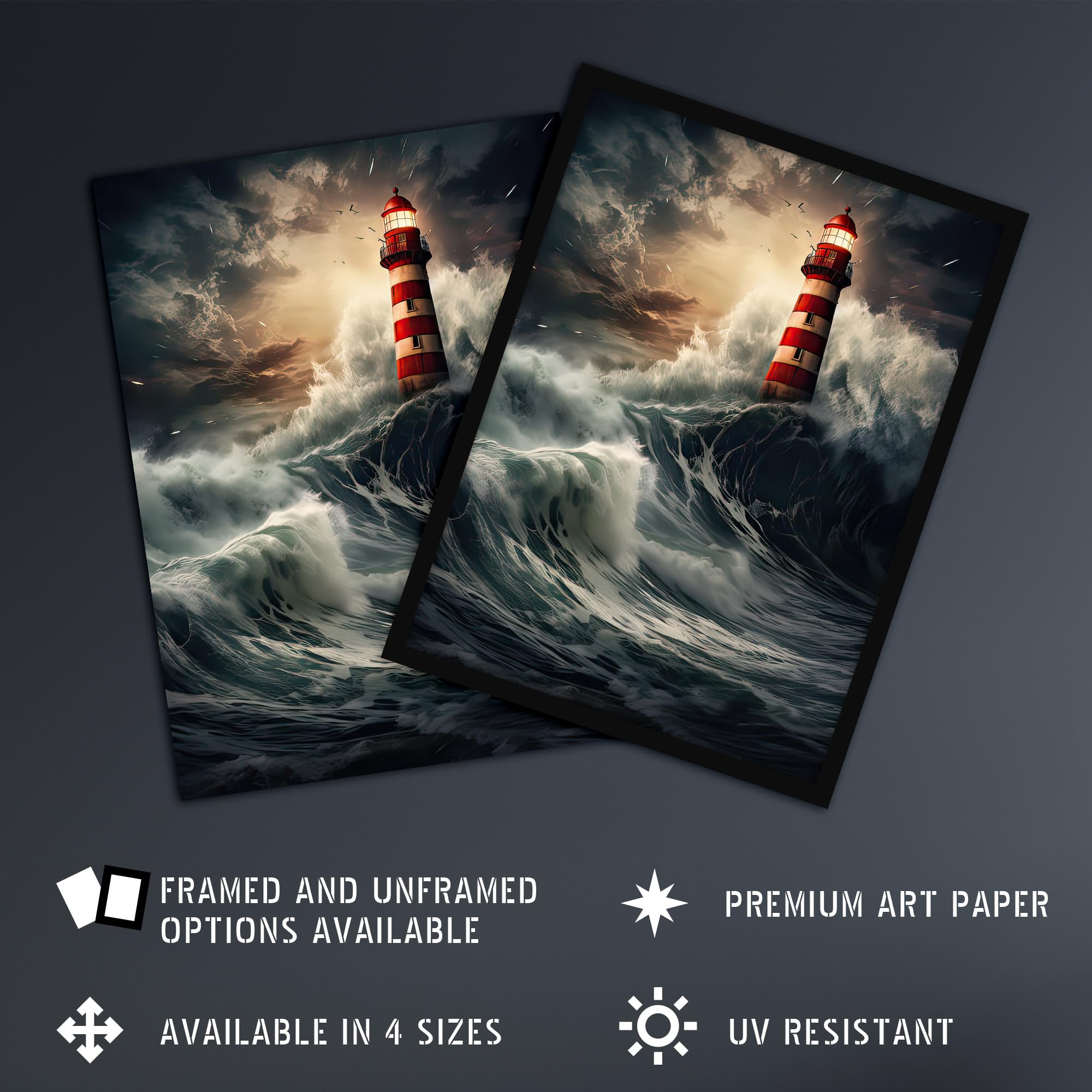 Artery8 Lighthouse Against a Stormy Sea Dramatic Seascape Artwork Framed Wall Art Print A4, Framed A4, 32.3L x 23.4W cm - Image 2