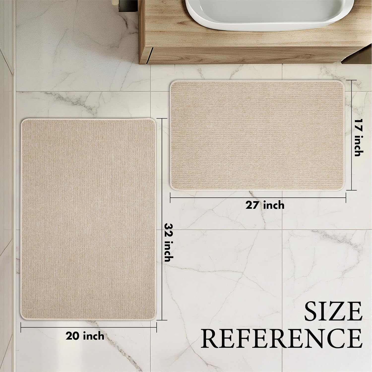 MIULEE Set of 2 Ultra Thin Bathroom Rugs, Rubber Bath Mats for Bathroom Non Slip, Quick Dry Absorbent Bath Rug Machine Washable, Fit Under Door, Shower, Sink, Home Decor, Light Beige, 17"x27"+20"x32"