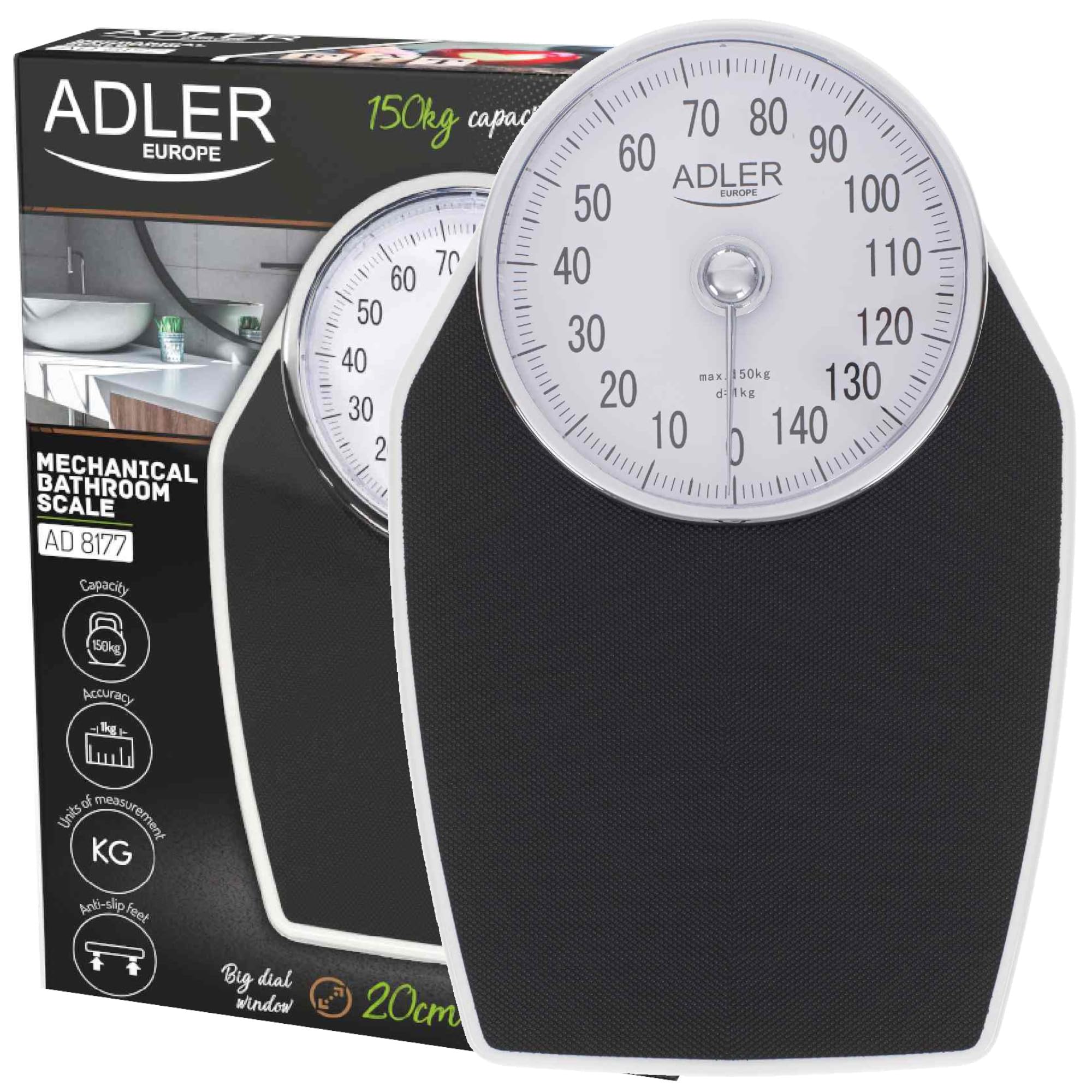 Adler AD8177 Báscula de Baño Analógica Mecánica, Profesional 150 Kg, Gran Precisión, Superficie Antideslizante, no Digital, Fácil de Usar, sin Pilas, Metal