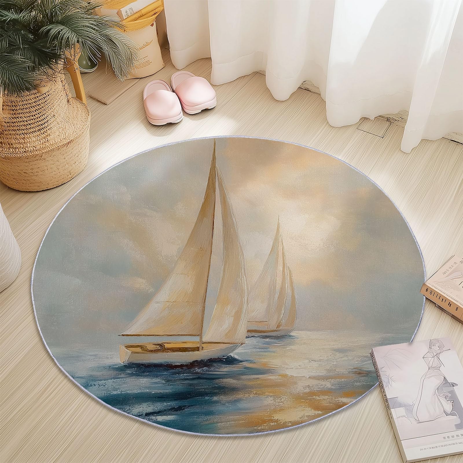 Tapis rond antidérapant lavable en machine 160 cm beige à motif voiliers intérieur extérieur