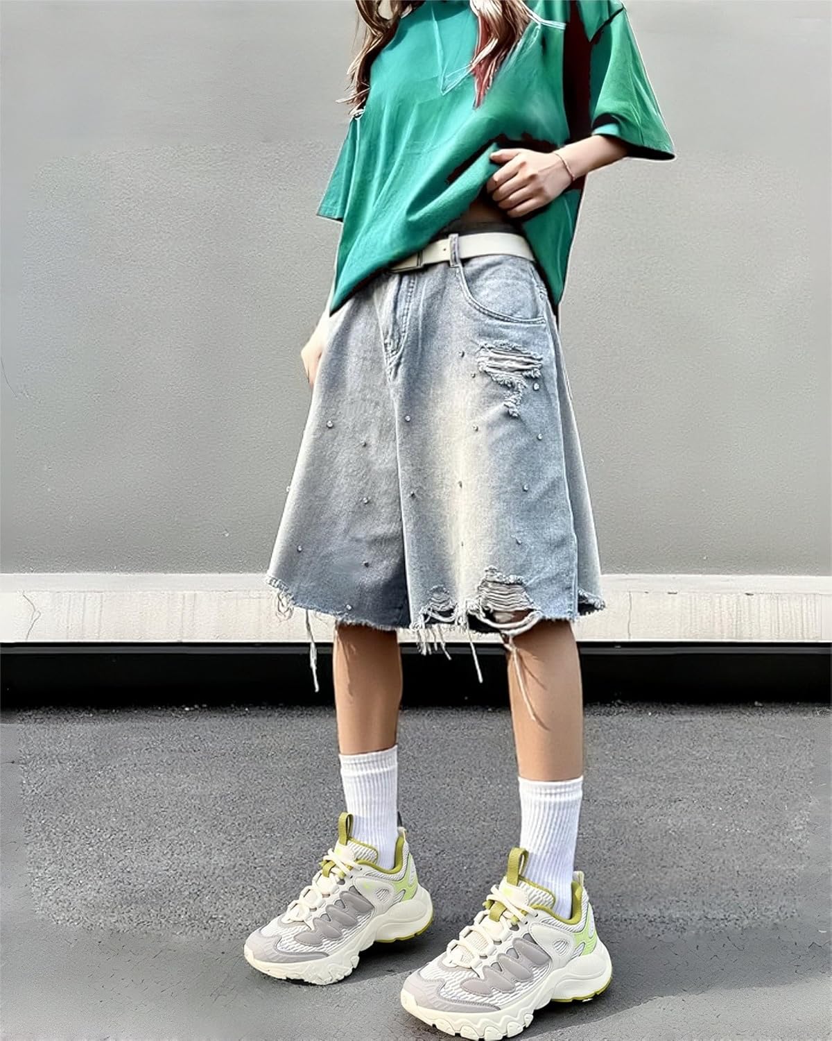 Unisex Jorts Baggy Denim Shorts Rhinestone Ripped Frayed Hem Mid-Low Rise Bermuda Streetwear Y2K - Image 3