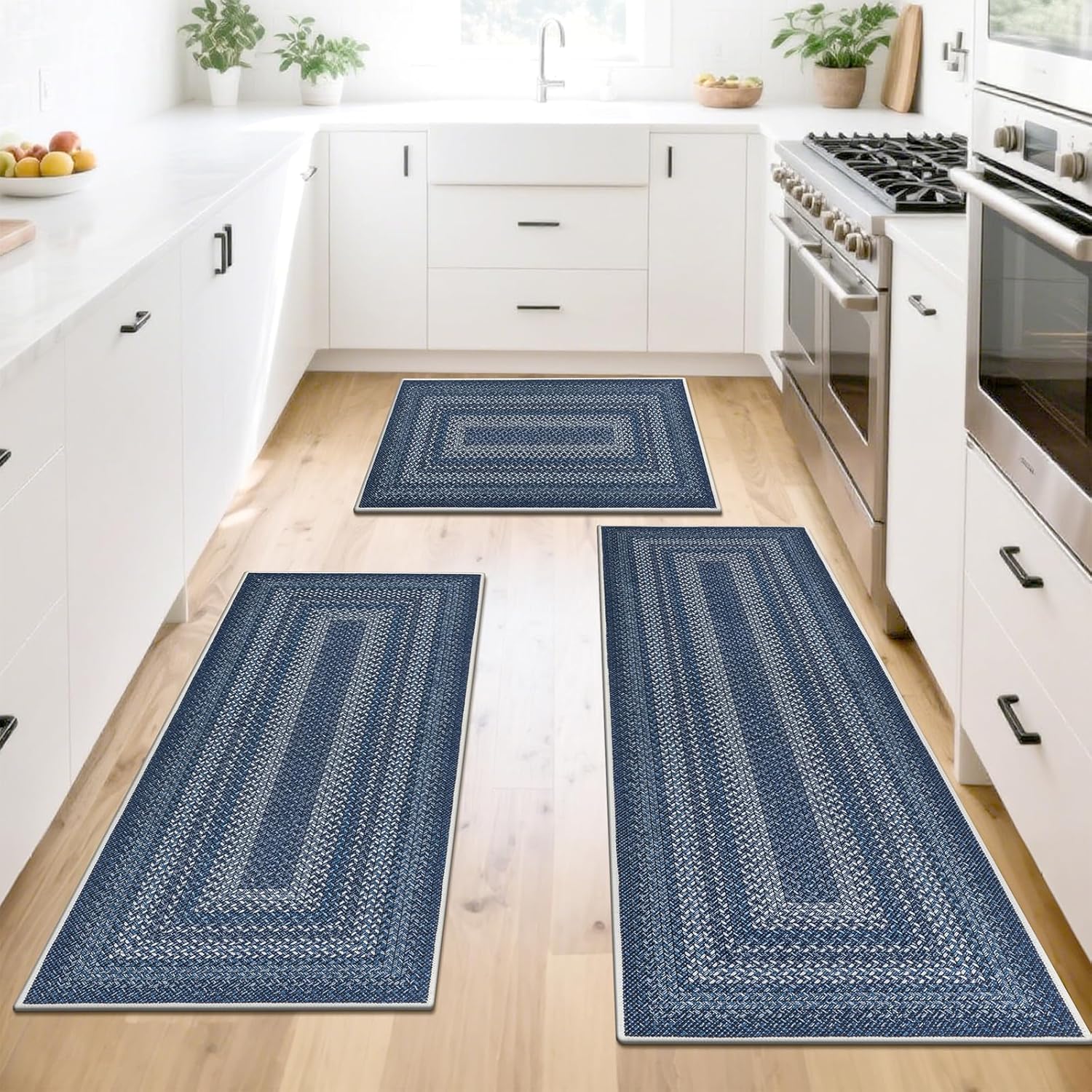HEBE Washable Kitchen Rugs Sets of 3, Non Slip Absorbent Kitchen Rugs and Mats, Farmhouse Stain Resistant Faux Jute Kitchen Mat Carpet Runner for Kitchen Floor, Laundry Room, Hallway, Blue
