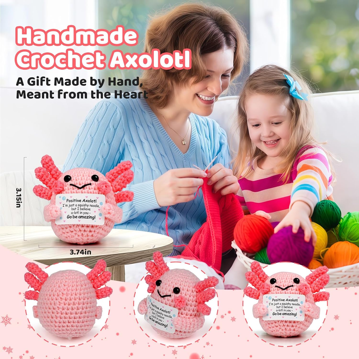 Positive Axolotl Christmas Birthday Gifts for Women Men, Handmade Crochet Animals with Positive Message, Inspirational Emotional Home Decor Gift for Mom Dad Son Sister Friend Coworker Colleague - Image 3