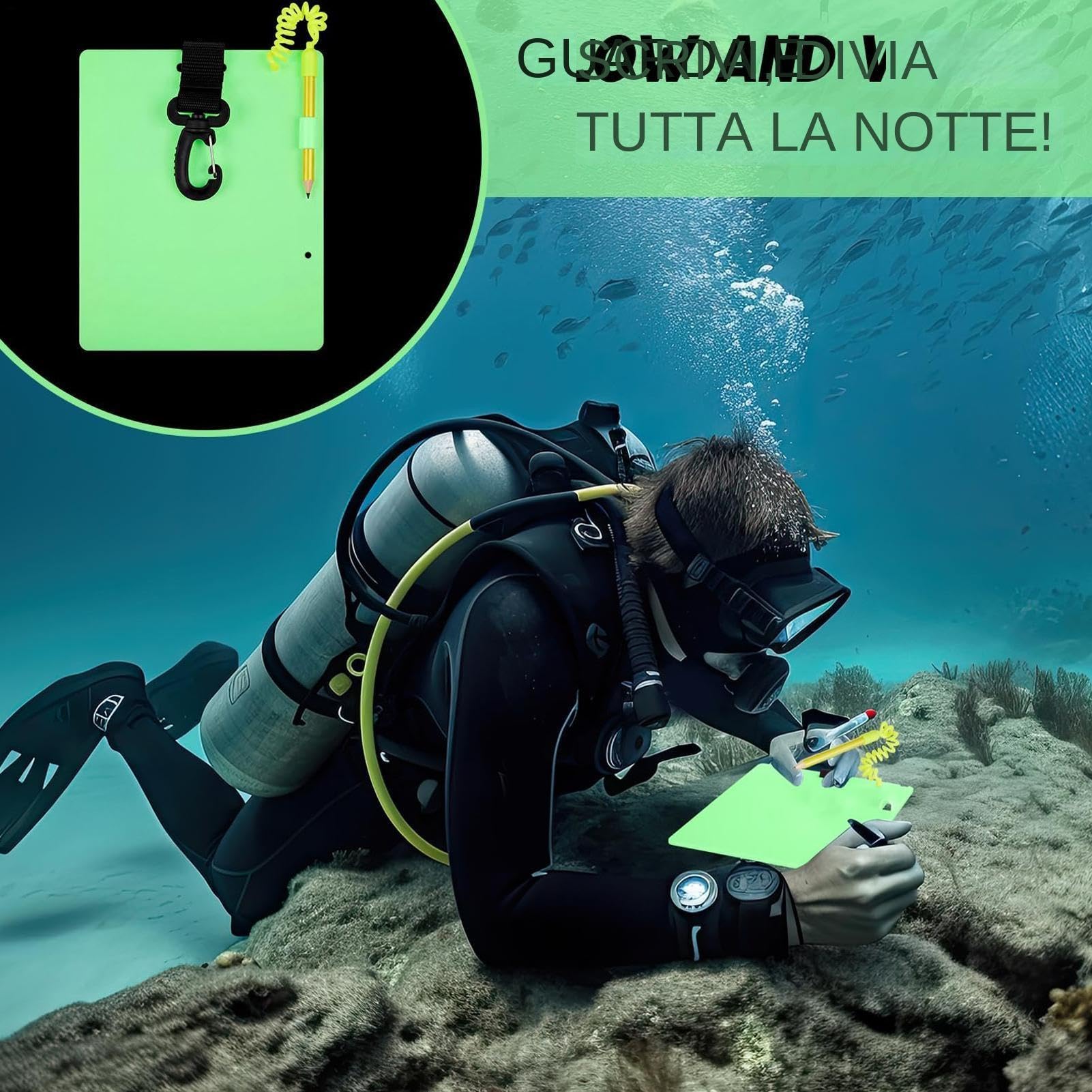 Generico Scrittoio per Immersioni - Attrezzatura Subacquea Luminosa Impermeabile per la Comunicazione Subacquea | Lastra Che Si al Buio con attaccata e Clip Girevole a sgancio rapido per subacq