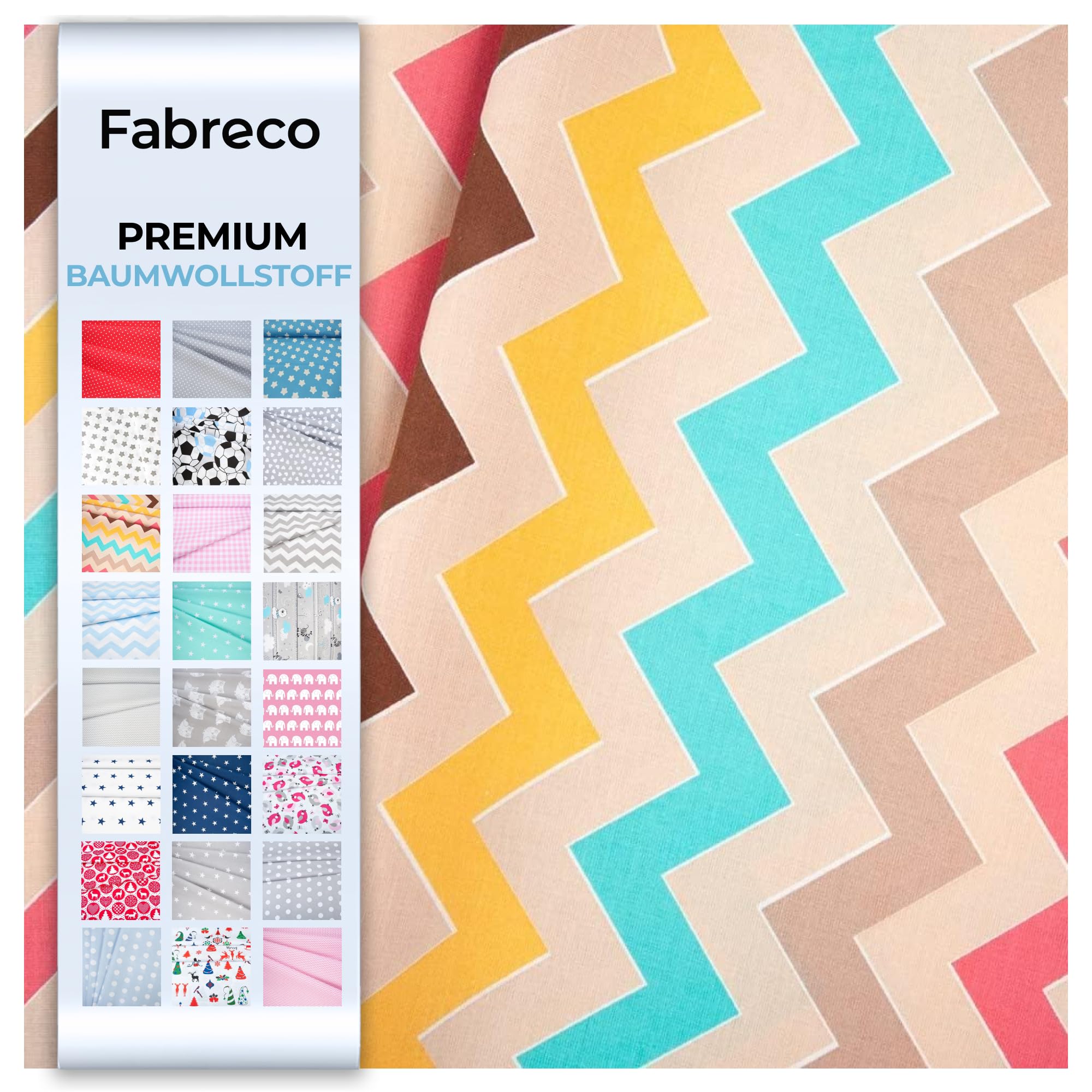 Fabreco - Baumwollstoff Meterware - 220g/lfm | Stoff Meterware mit Muster: Zickzack regenbogen 1,5 cm | Weich, langlebig & hautfreundlich