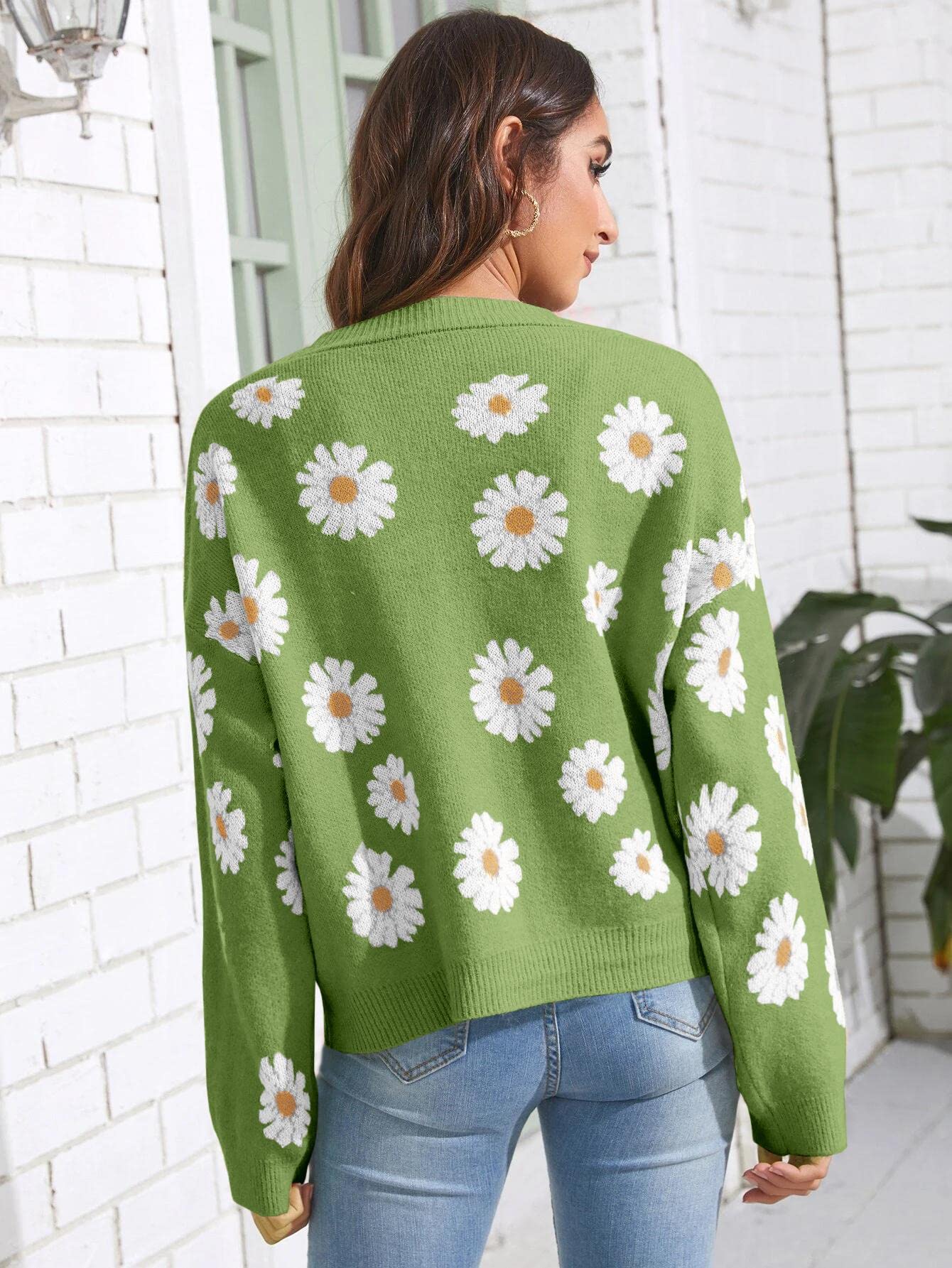 Women's Floral Print Cardigan Long Sleeve Open Front Button Down V Neck Knitted Sweaters