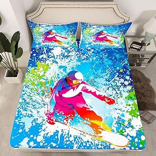 Ski Bedding Set Twin Size Cartoon Skiing Skier Snowboard Fitted Sheet 2Pcs Watercolor Tie Dye Graffiti Bed Sheet Kids Boys Girls Room Decor Winter Sports Games Deep Packet Sheet,1 Pillowcase