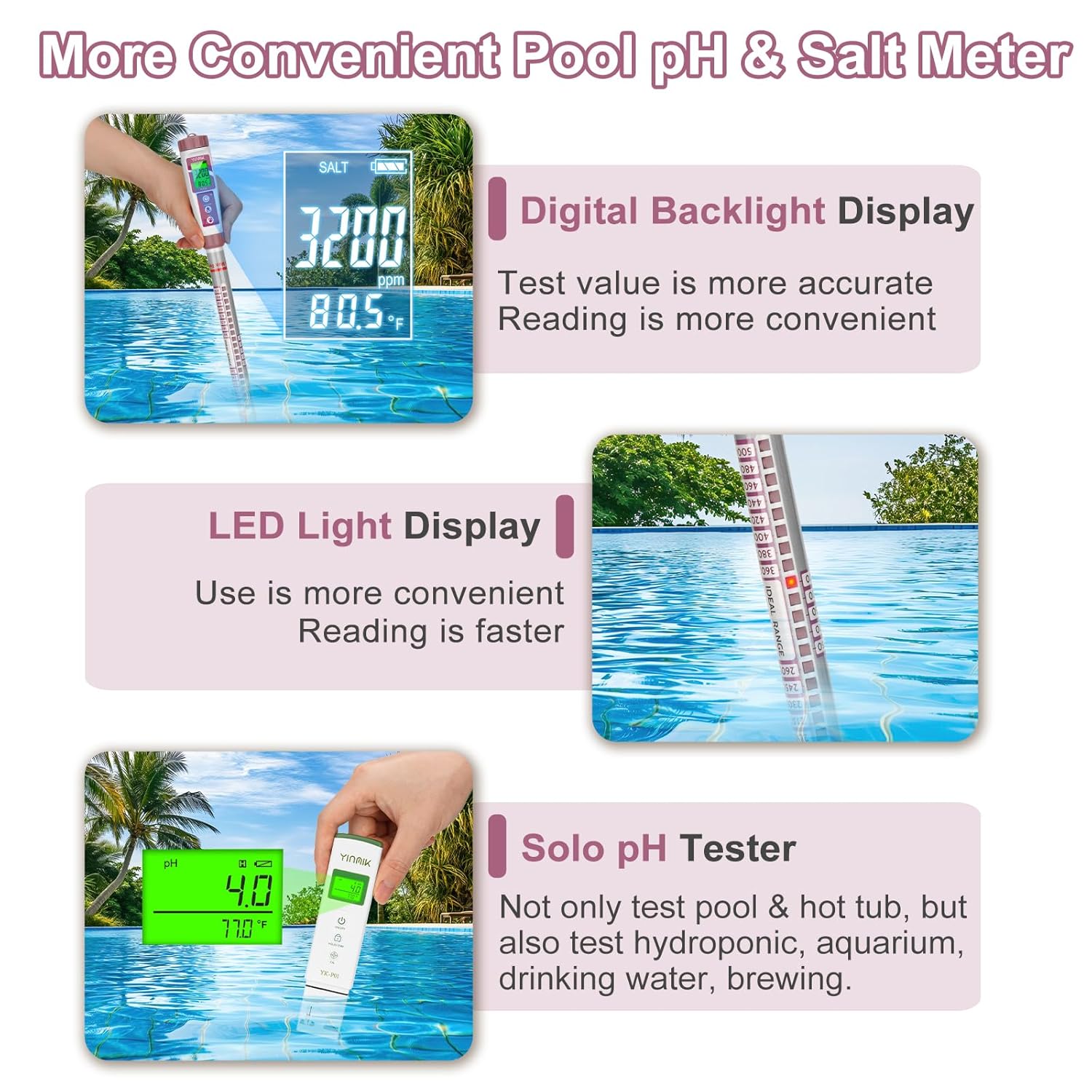 pH Salt Test Kits for Saltwater Pool, YINMIK Digital pH Salinity Meter for Salt Water Hot Tub, SPAs, Truncheon Salt Tester with 13in Salt Probe