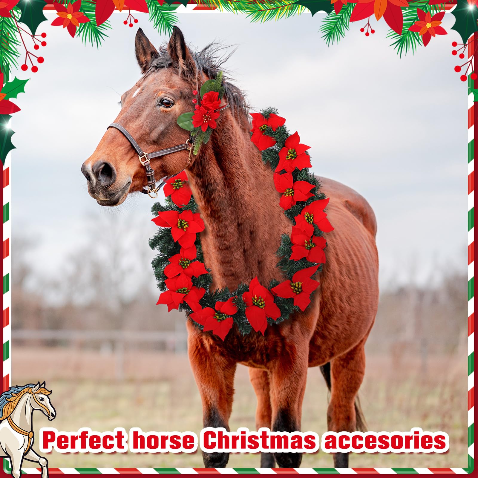 Dansydaisy Weihnachtskranz, Pferd, Halfter, Halfter, Zaumzeug, Clip-Set, 180 cm, künstliche Weihnachtsstern-Girlanden für Urlaubsdekoration, Pferde-Kostüm-Zubehör