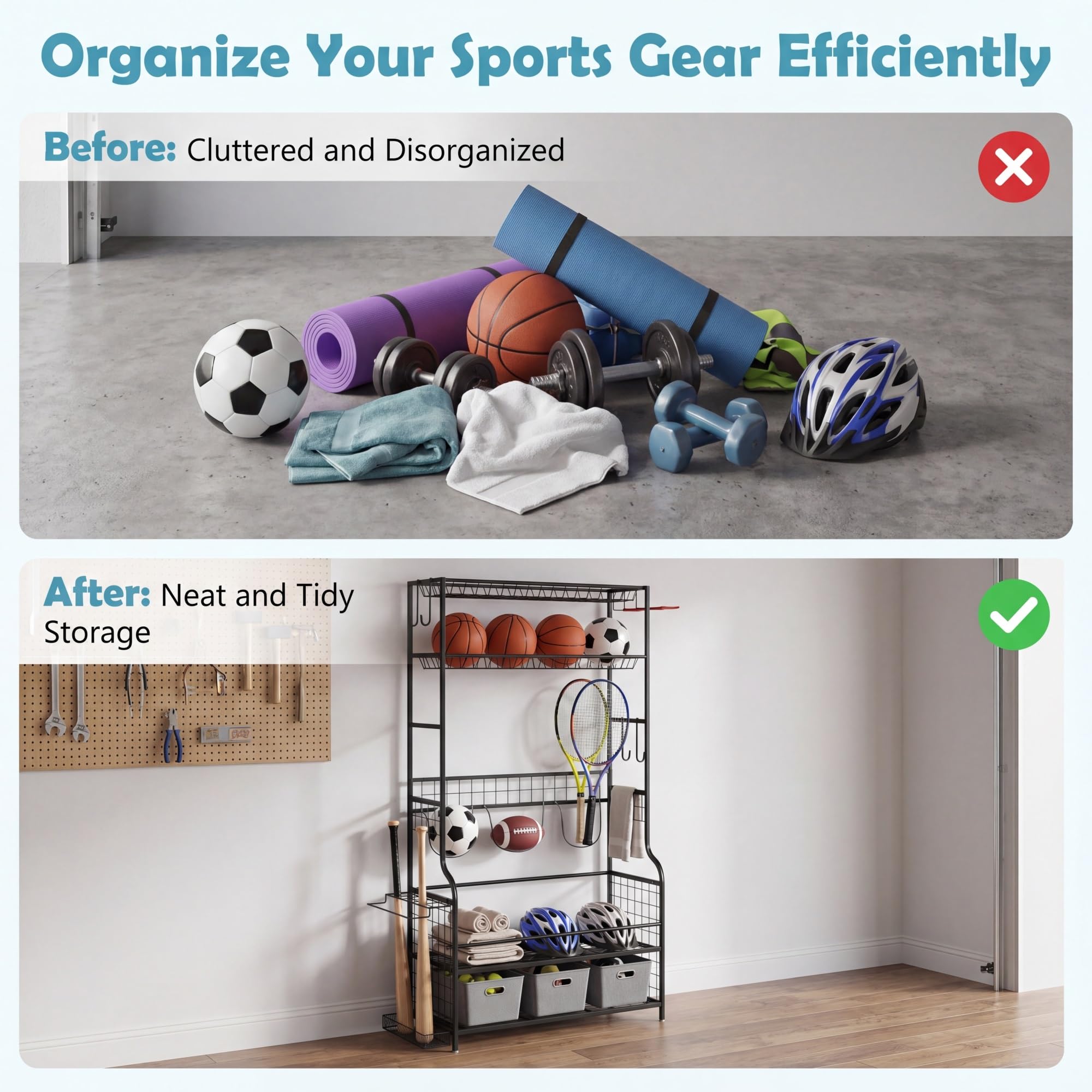 LIFEZEAL Organizzatore di attrezzature sportive, carrello di immagazzinaggio di palline con 4 ganci, 3 supporti per borse da golf, scaffalature di stoccaggio, rotella a 360°, per riporre giocattoli