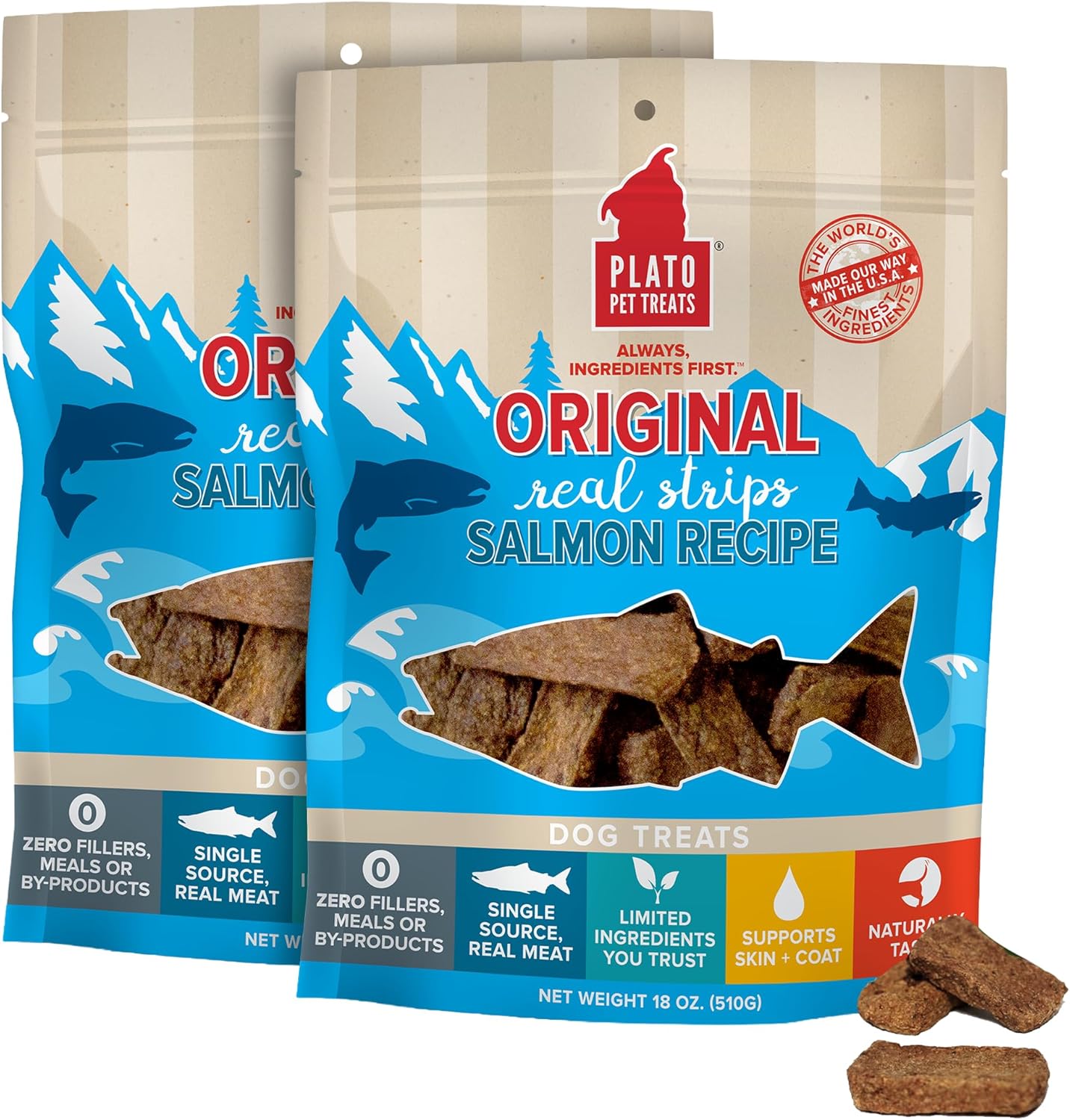 PLATO Pet Treats Real Strips - Air-Dried Meat Bars for Dogs - Delicious, Limited Ingredient Dog Treats - Grain Free Dog Treats - Original Real Strips Salmon 18oz - 2 Pack