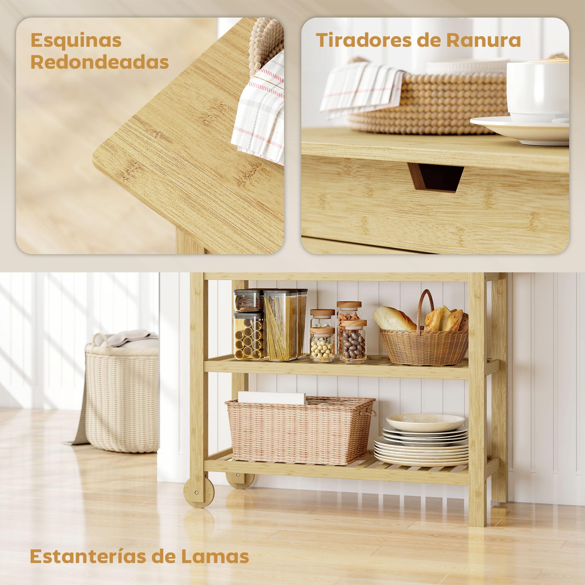 HOMCOM Carrito Auxiliar con Ruedas de Bambú, Carro de Servicio con 2 Cajones, 2 Estantes de Listones, 2 Ruedas, Carrito para Cocina, Restaurante, 100x43x75 cm, Natural
