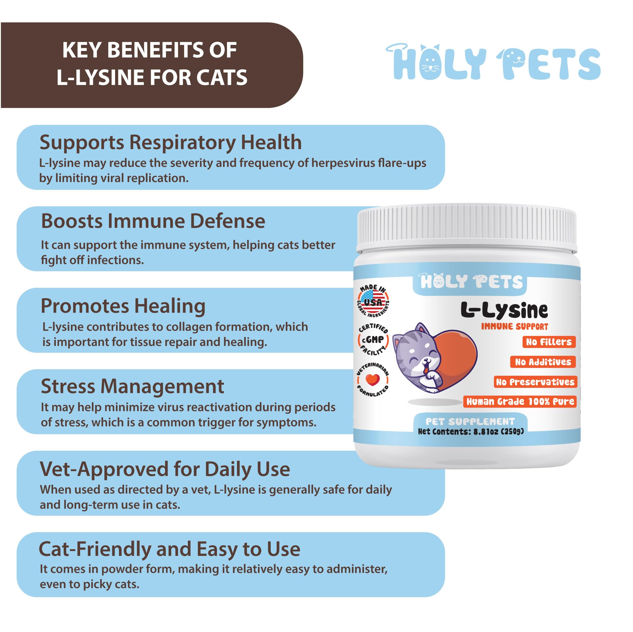 100% Pure L-Lysine Powder for Cats – No Flavors, No Fillers or Preservatives – 1,000mg per Scoop – Immune, Respiratory & Eye Support – Helps with Sneezing, Runny Nose & Cold Symptoms — Amazon image 2