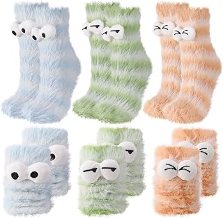 Jspupifip 3 Pairs Fluffy Socks Womens, Warm Cozy Fluffy Cartoon Monster Socks, Funny Velvet 3D Quirky Sleep Sock Cute Ugly Sock for Christmas & Winter Warmth