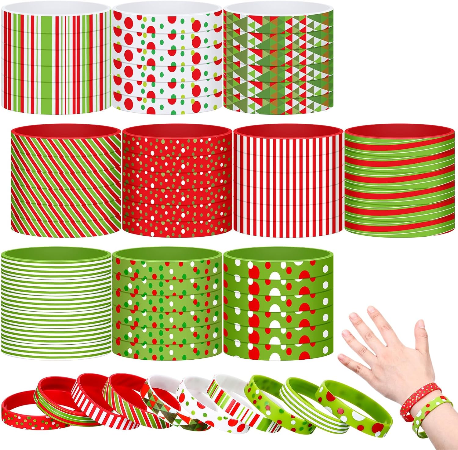 Syhood 200 Pcs Christmas Silicone Bracelets Green and Red Xmas Rubber Wristbands Accessories Gift for Adults Stocking Stuffers Holiday Decorations Gifts Supplies Favors, 10 Styles