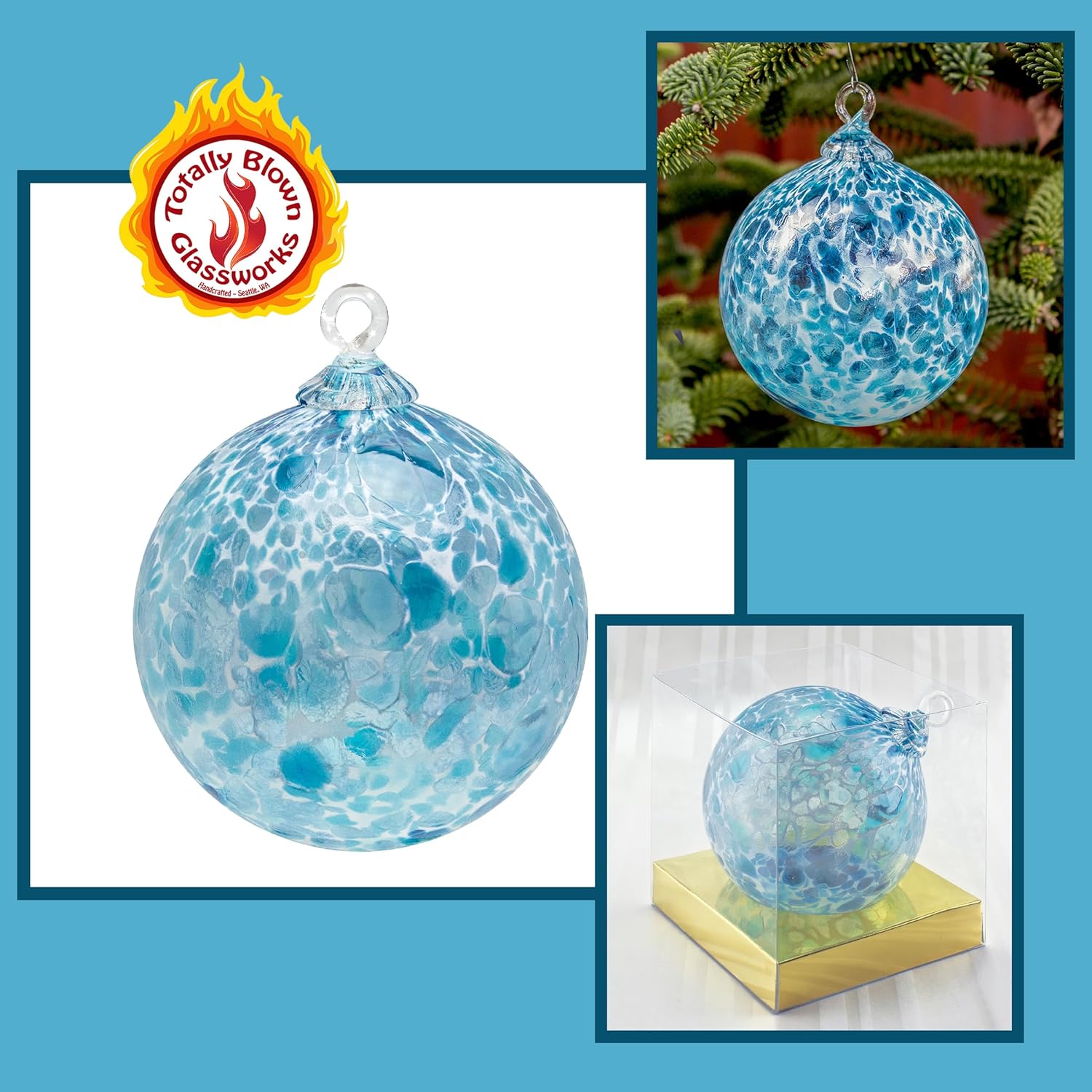 Ornament, Handmade Blown Glass, Hanging Tree Holiday Décor, Sun Catcher, Witches Ball, Gazing Orb, Friendship Keepsake, Window Color. (Light Aqua Blue with White Powder)