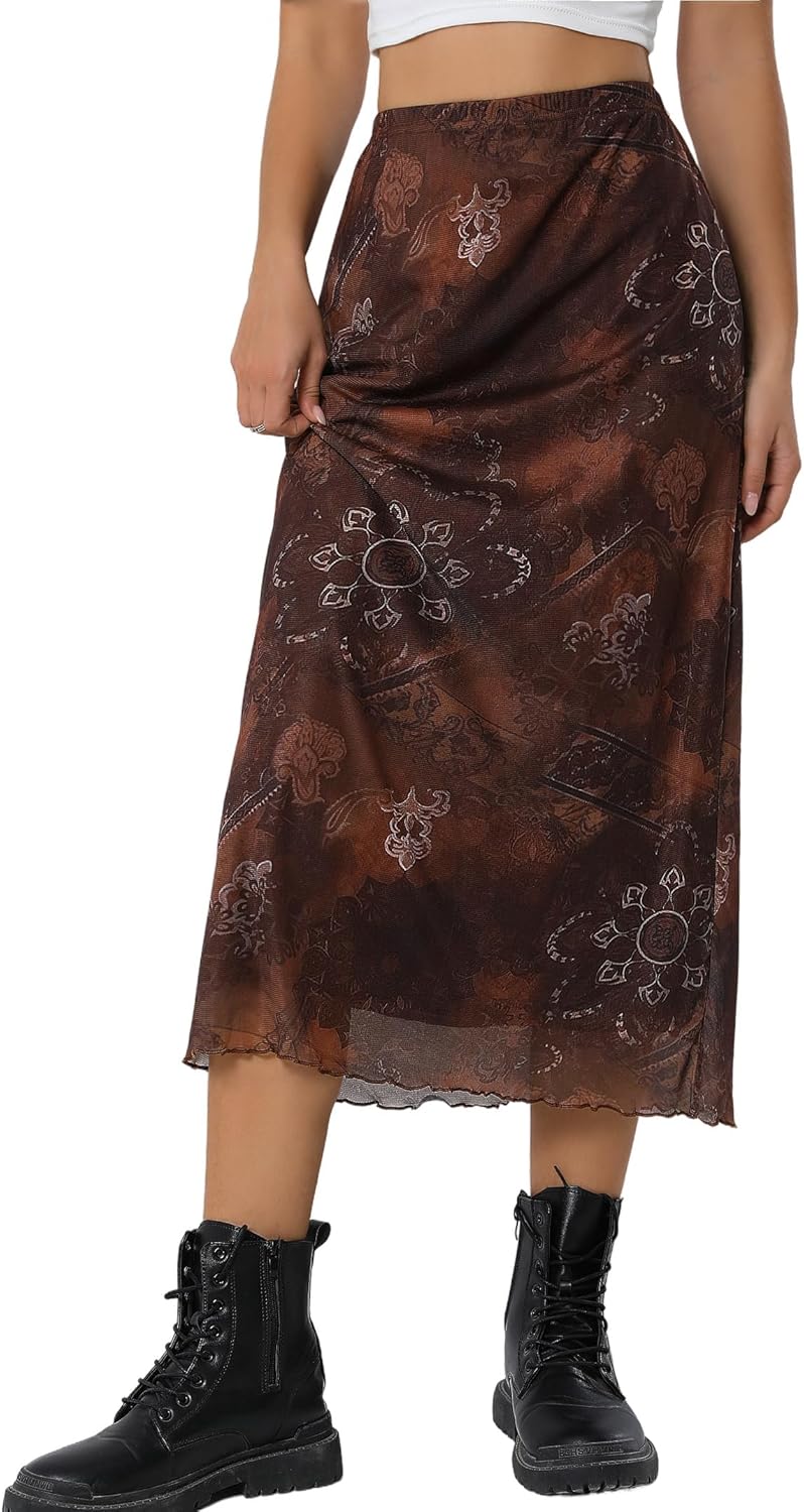 Avanova Women Floral Print Lettuce Trim Midi Skirt High Waist Summer A Line Skirts A Brown E Small - Image 4