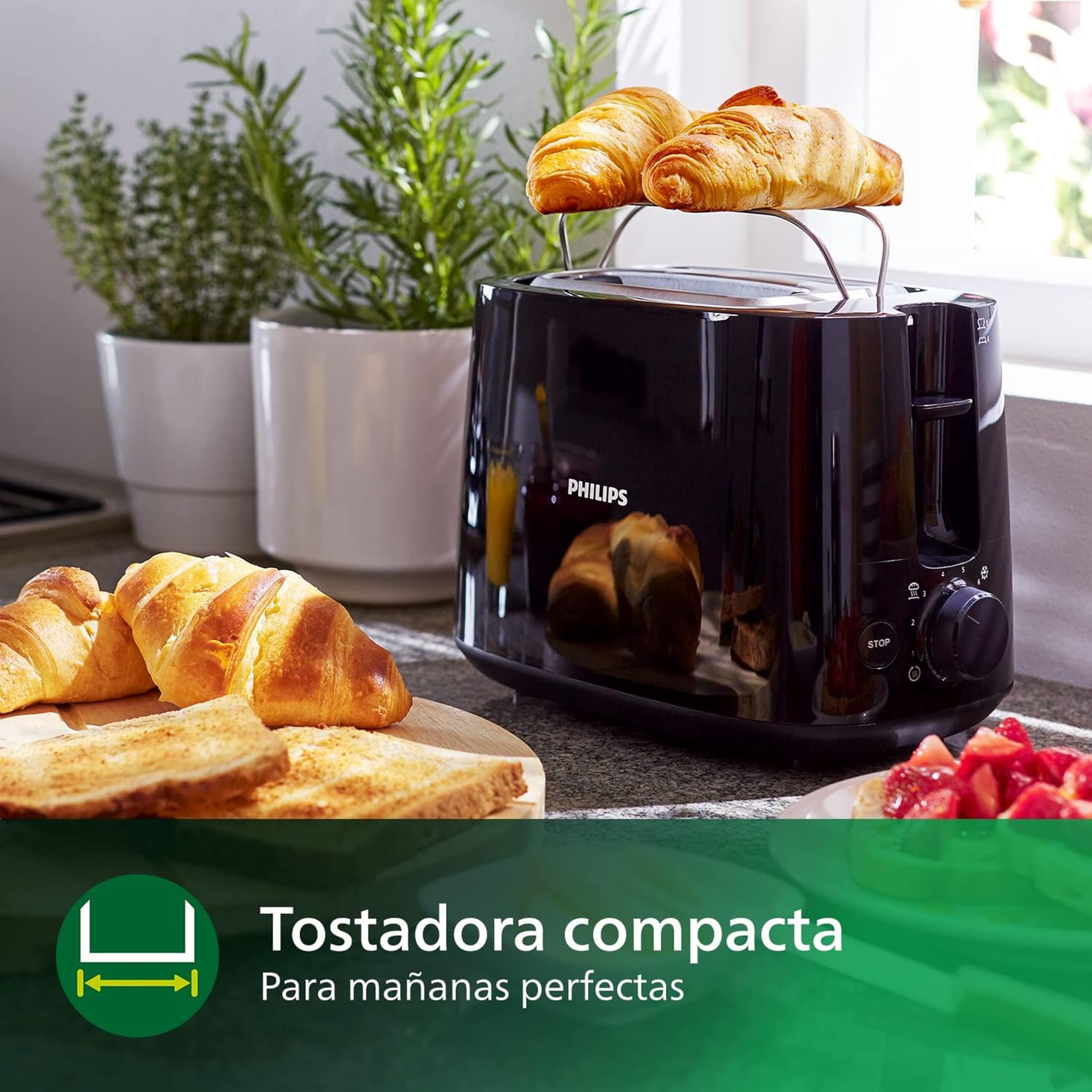 Philips Daily Collection Tostadora, 2 Ranuras, 8 Opciones Ajustes, Rejilla Calientabollos y Descongelación, Elevación Alta, Apagado Auto, Negro (HD2581/90)
