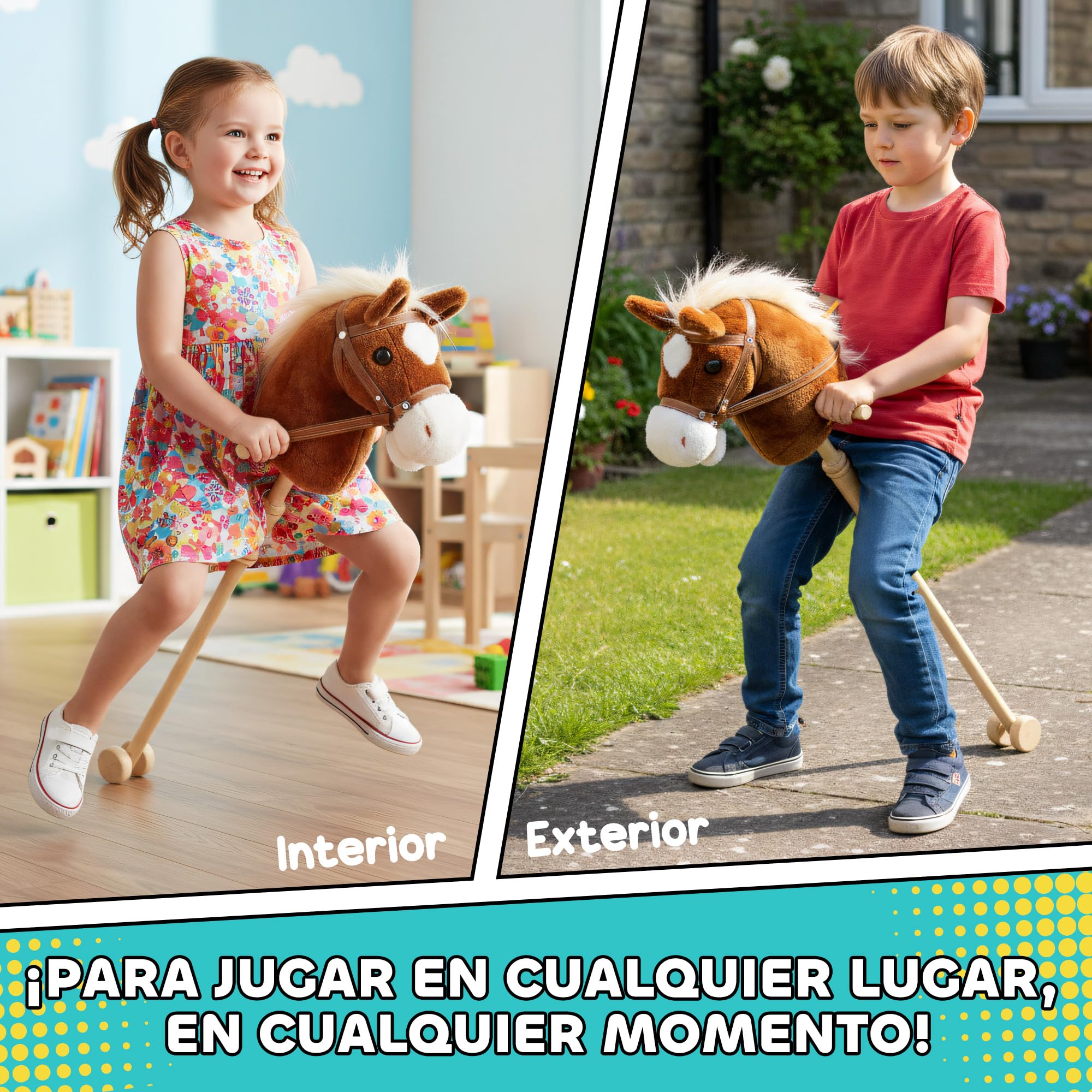 AIYAPLAY Cabeza de Caballo con Palo de Madera, Sonidos y Ruedas, Caballo de Juguete, 95 cm de Altura, Marrón